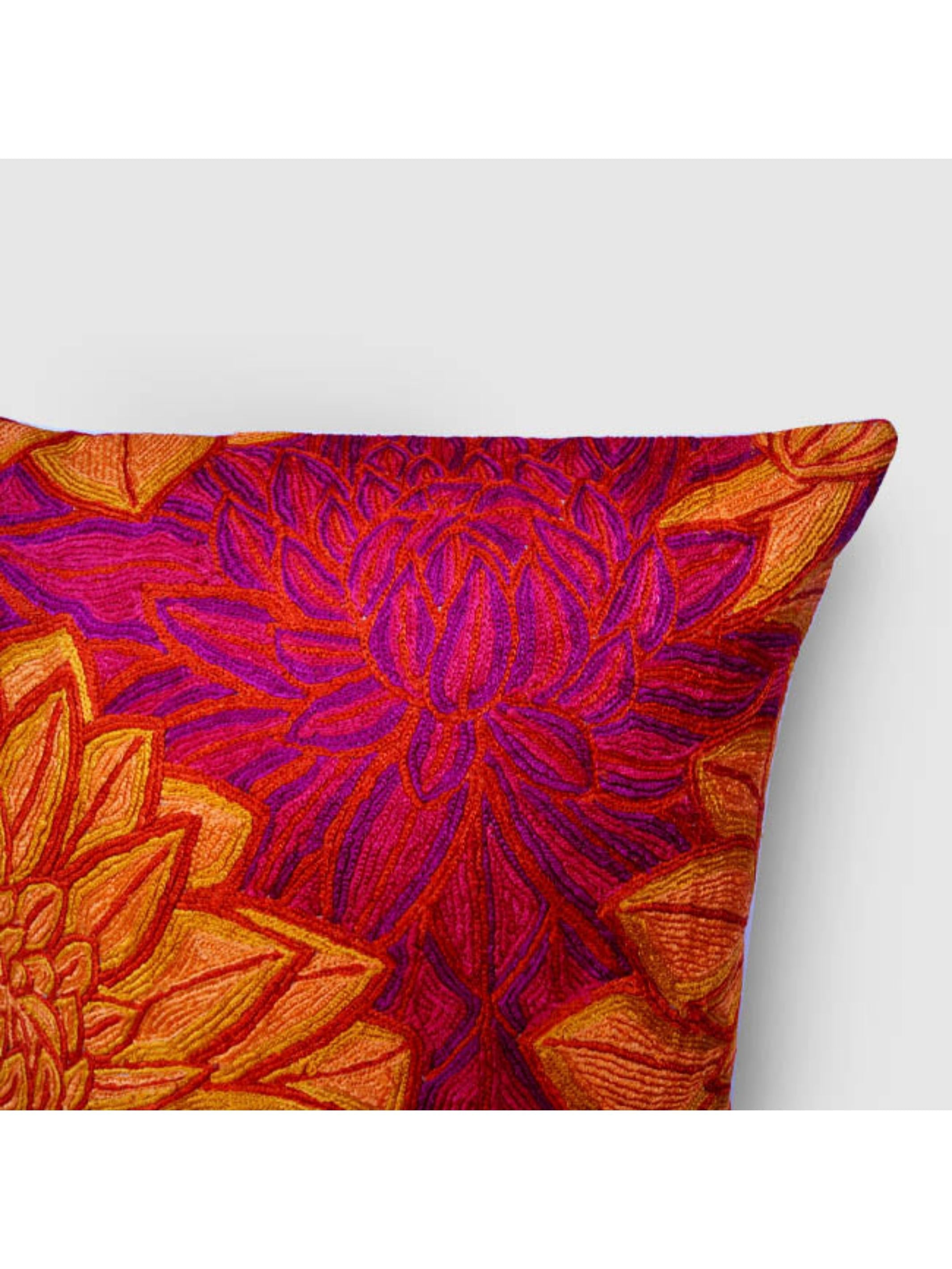 Cushion Cover - Aster Chainstitch Embroidered Red & Yellow
