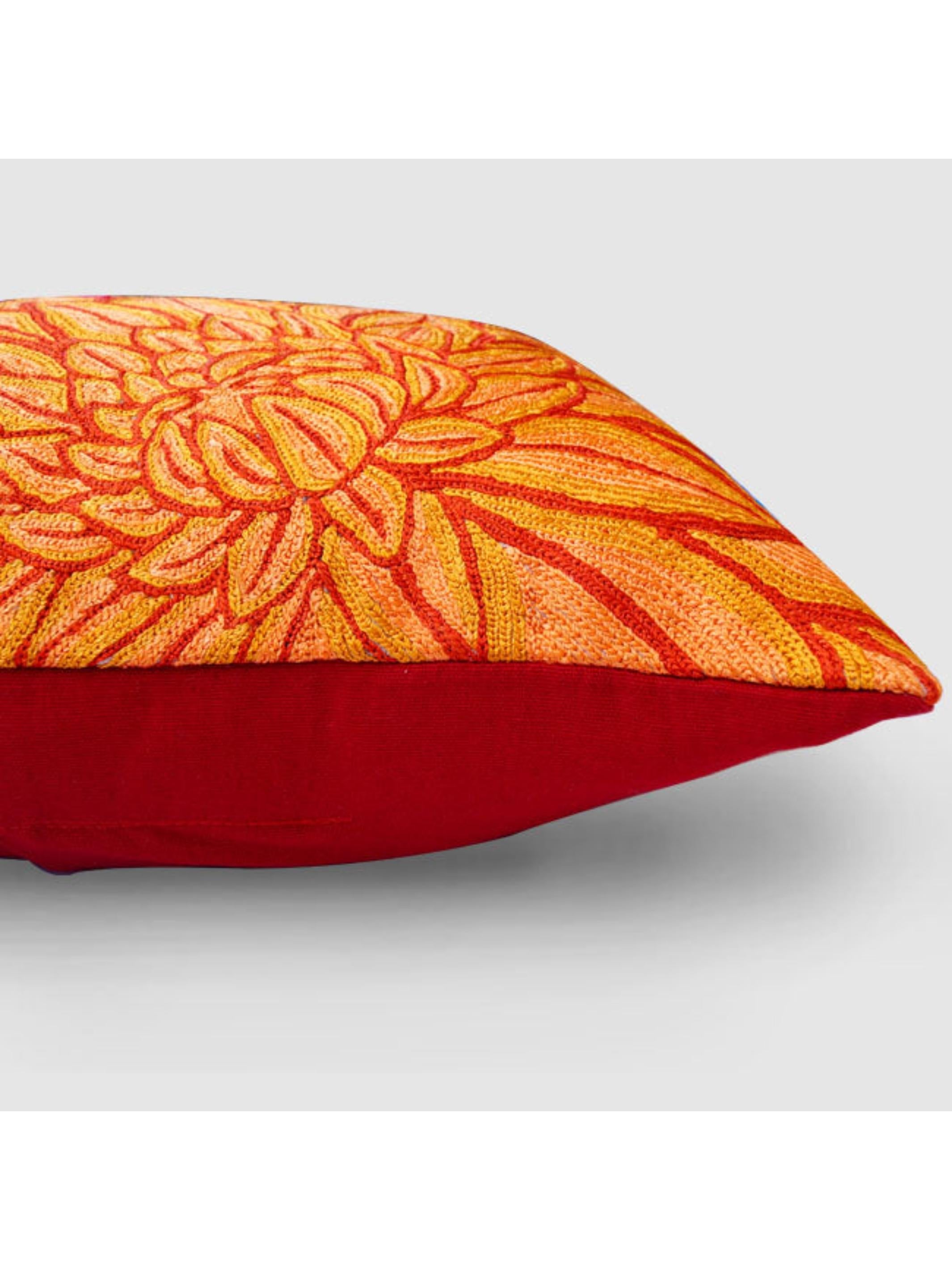 Cushion Cover - Aster Chainstitch Embroidered Red & Yellow