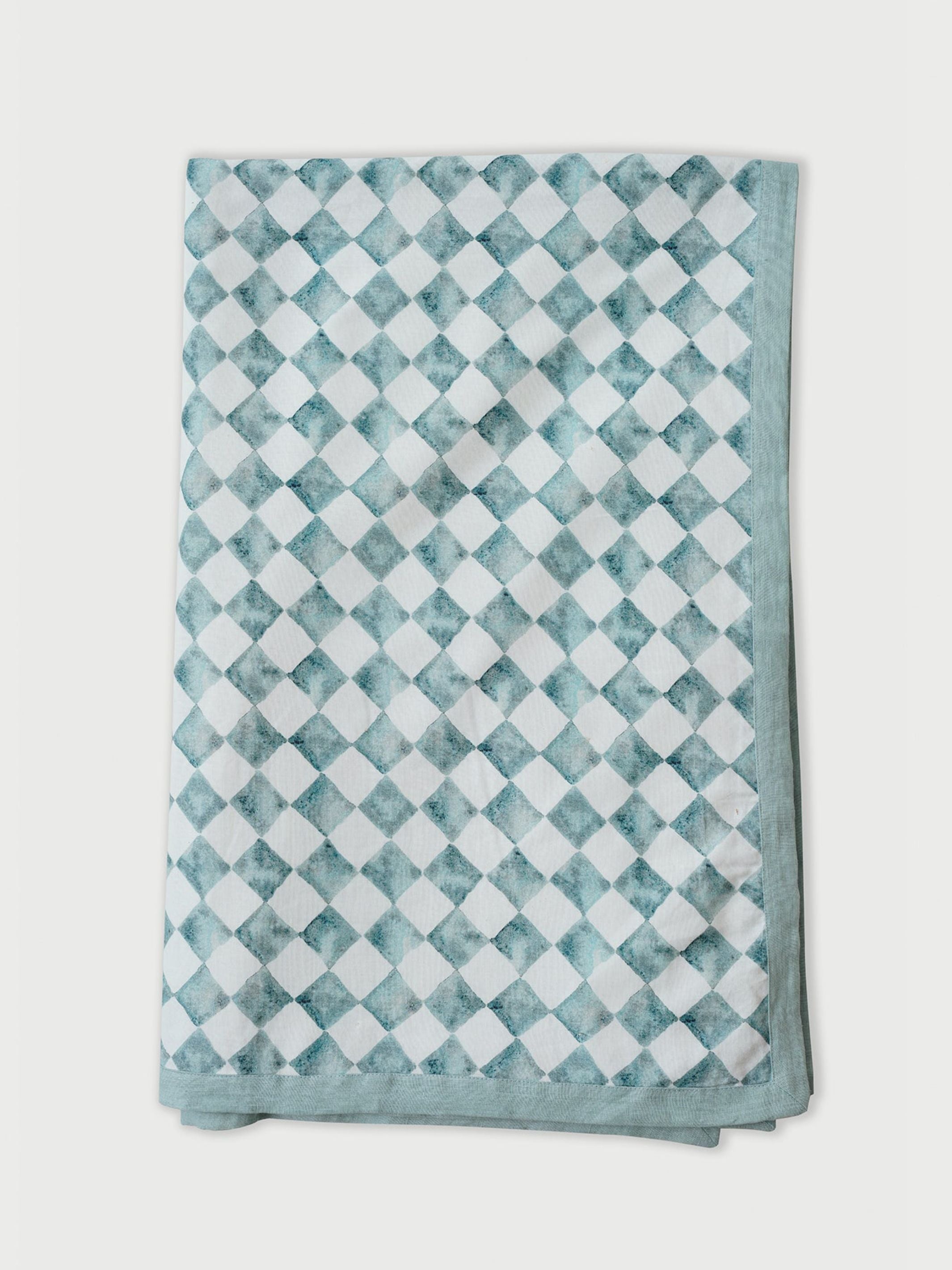Linen Bedspread - Checker Blue