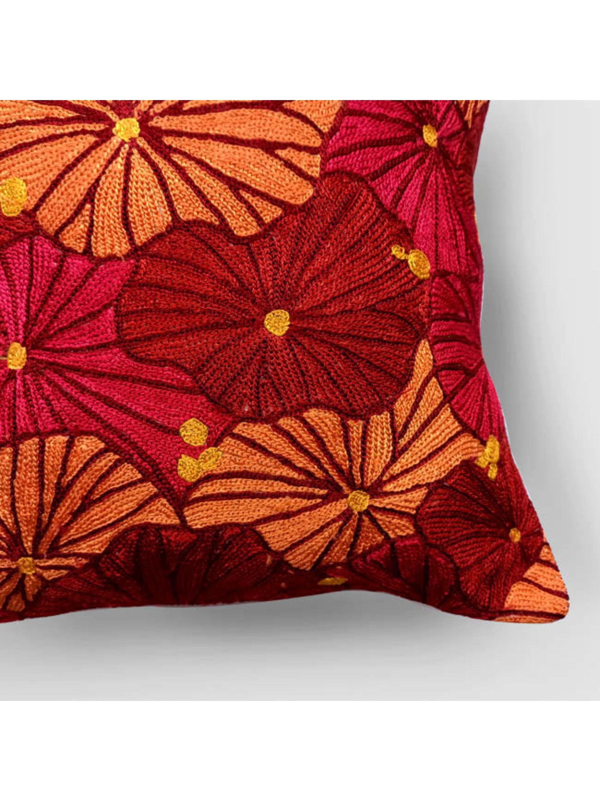 Cushion Cover - Fronds Chainstitch Embroidered  Red & Yellow
