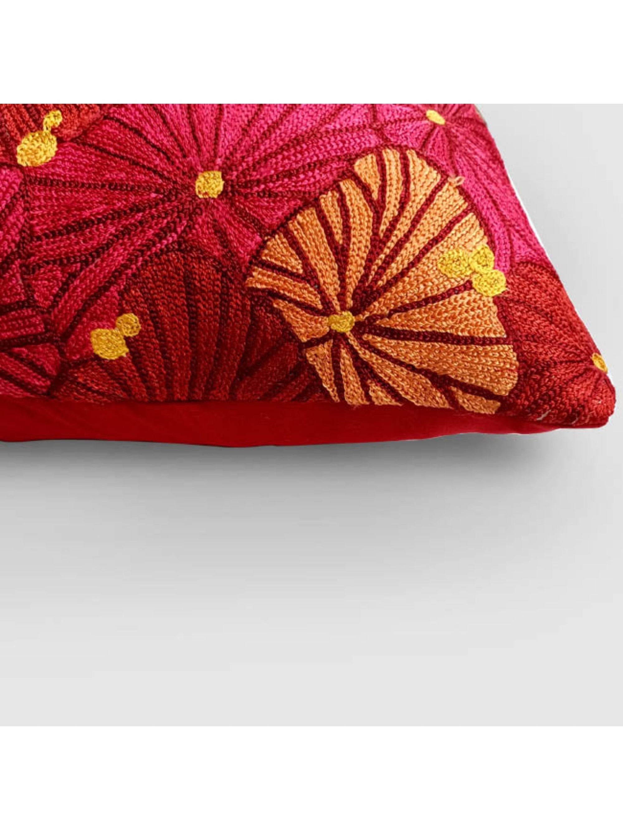 Cushion Cover - Fronds Chainstitch Embroidered  Red & Yellow