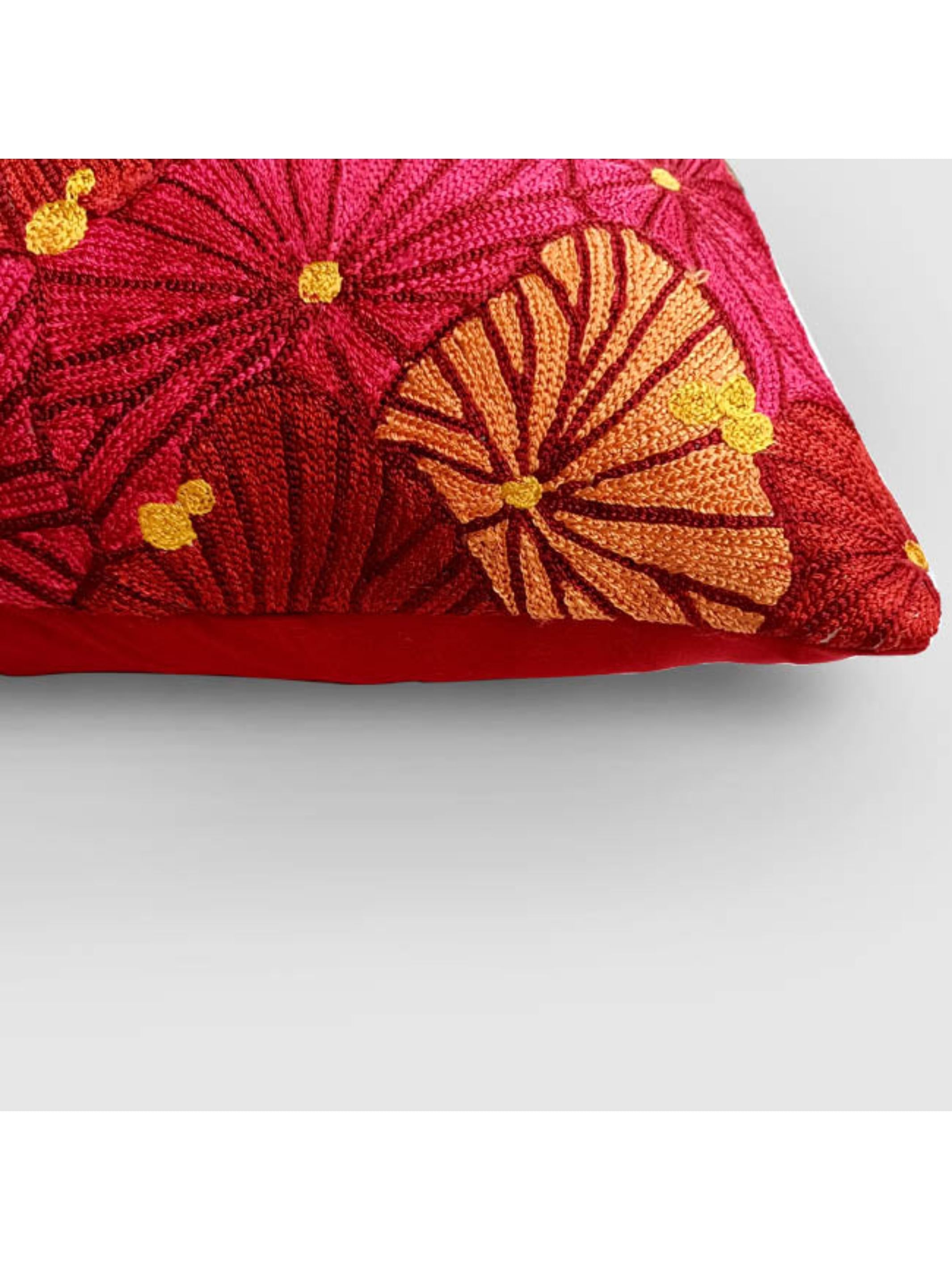 Cushion Cover - Fronds Chainstitch Embroidered  Red & Yellow