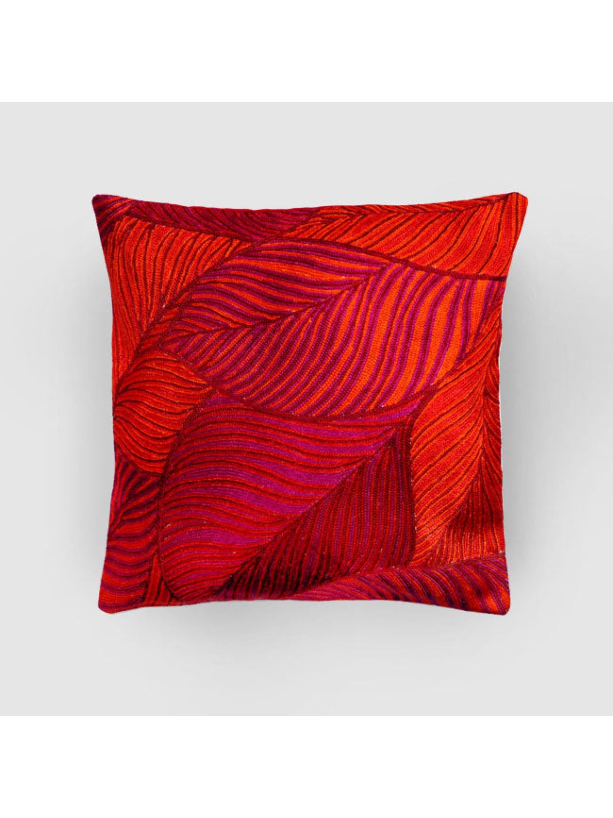 Cushion Cover - Leaves Chainstitch Embroidered Red & Yellow