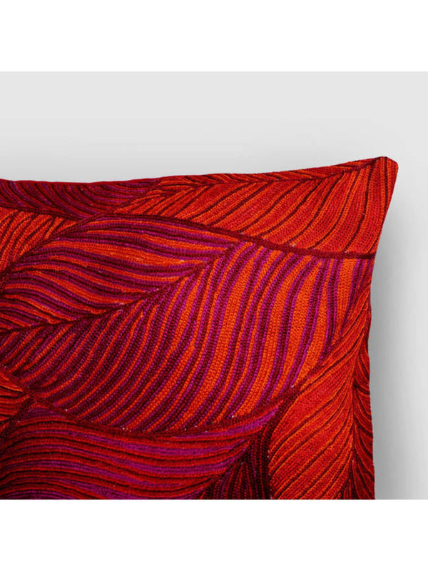 Cushion Cover - Leaves Chainstitch Embroidered  Red & Yellow