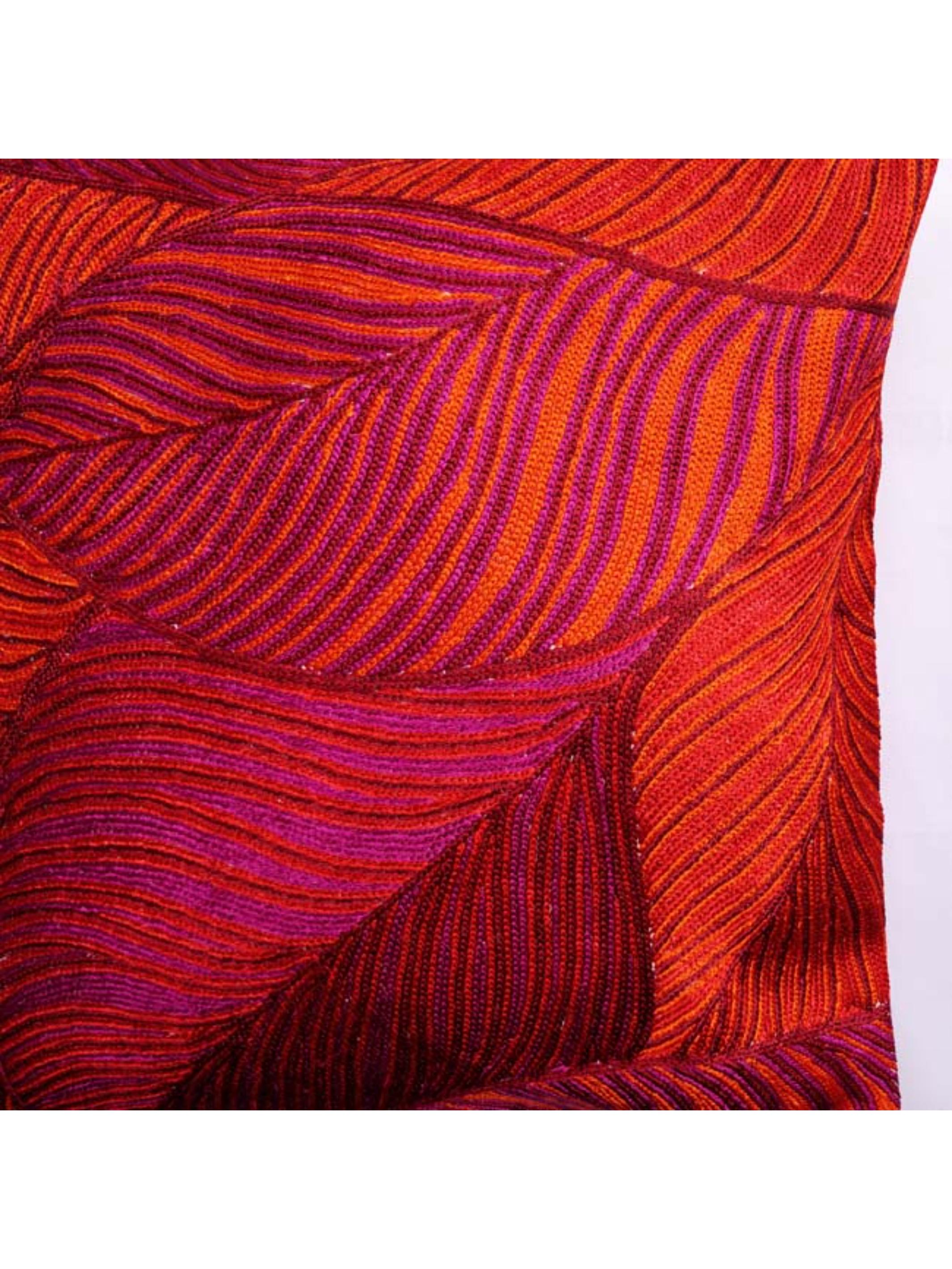 Cushion Cover - Leaves Chainstitch Embroidered  Red & Yellow