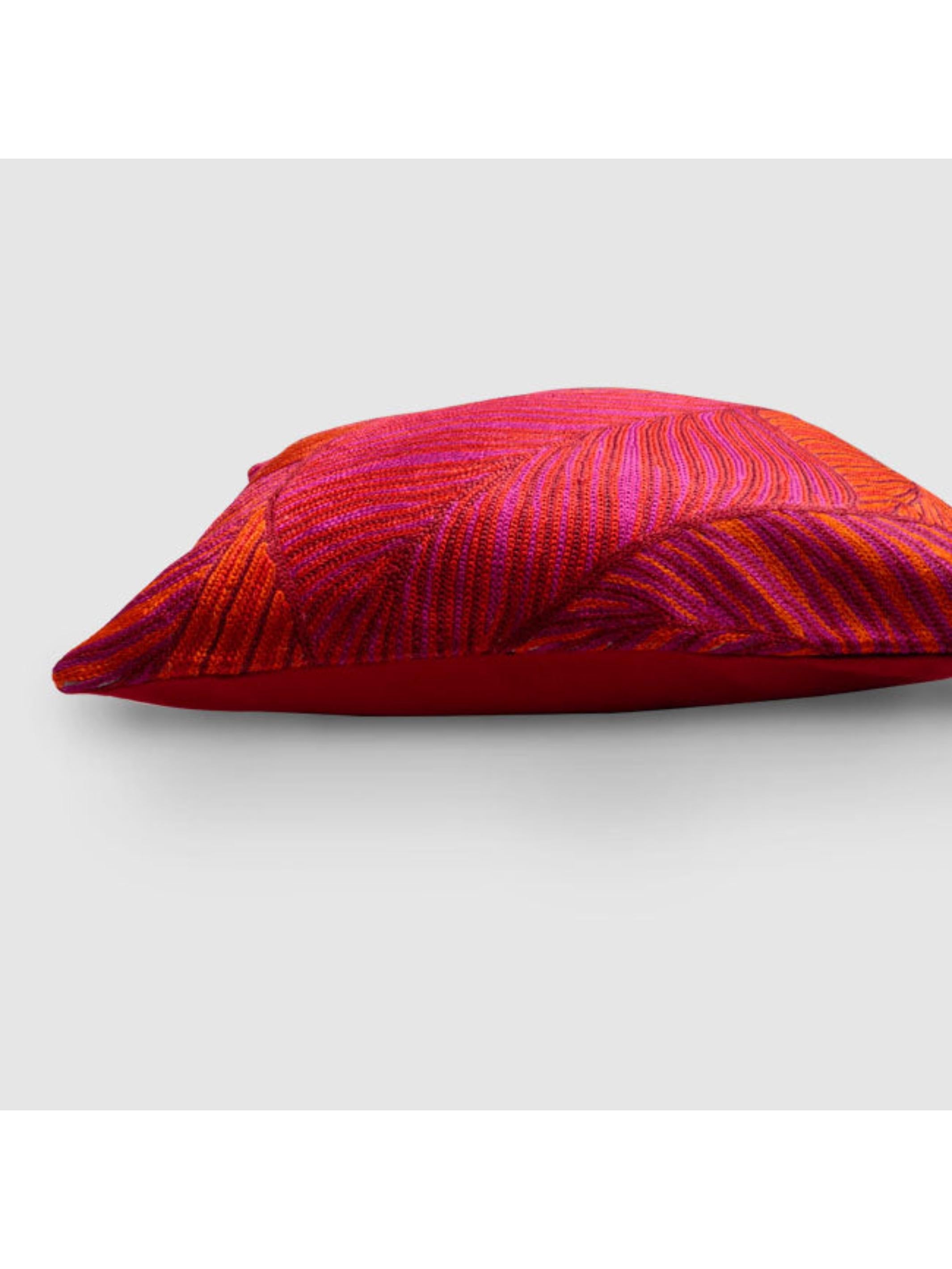 Cushion Cover - Leaves Chainstitch Embroidered  Red & Yellow