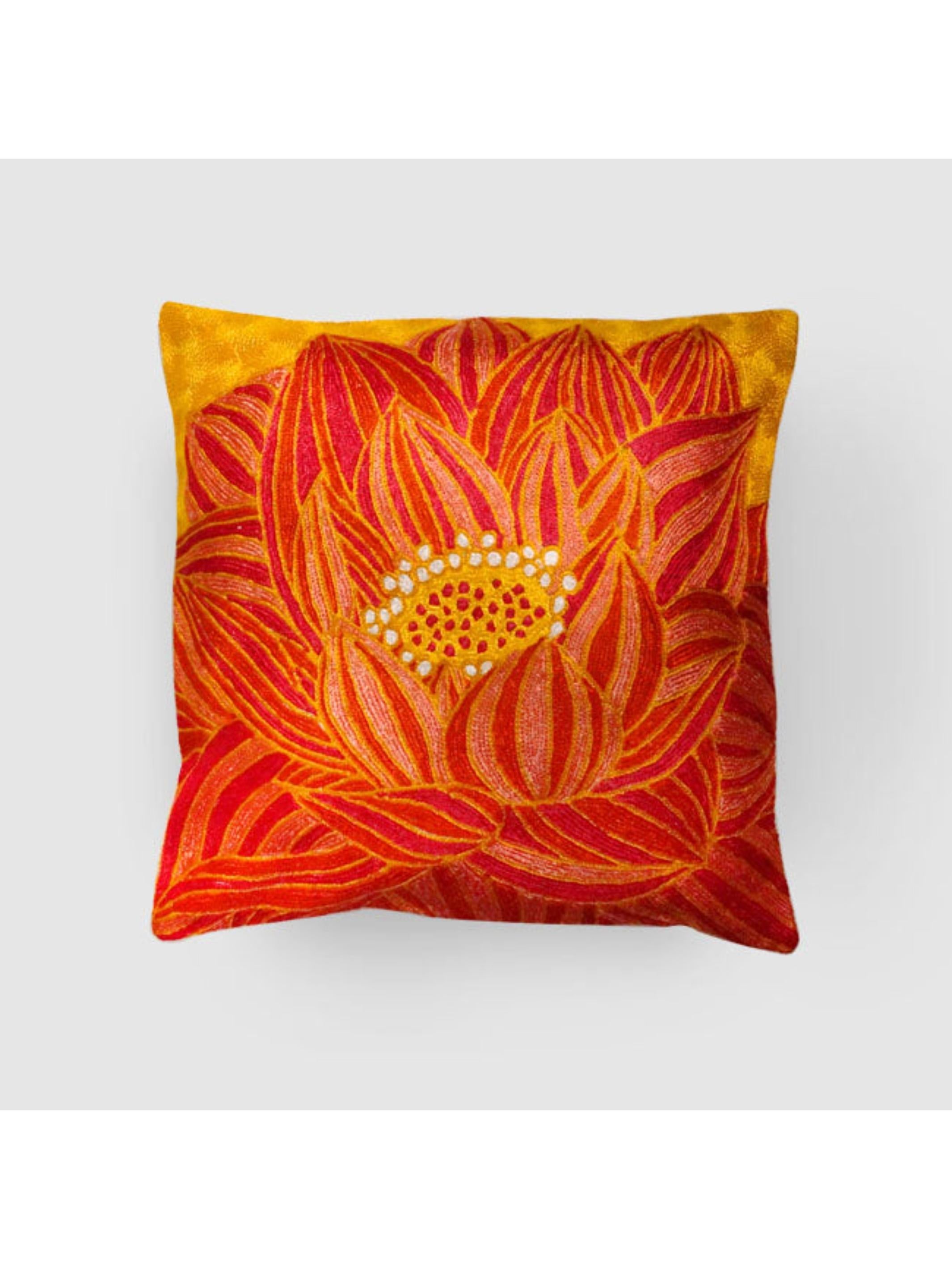 Cushion Cover - Lotus Chainstitch Embroidered  Red & Yellow