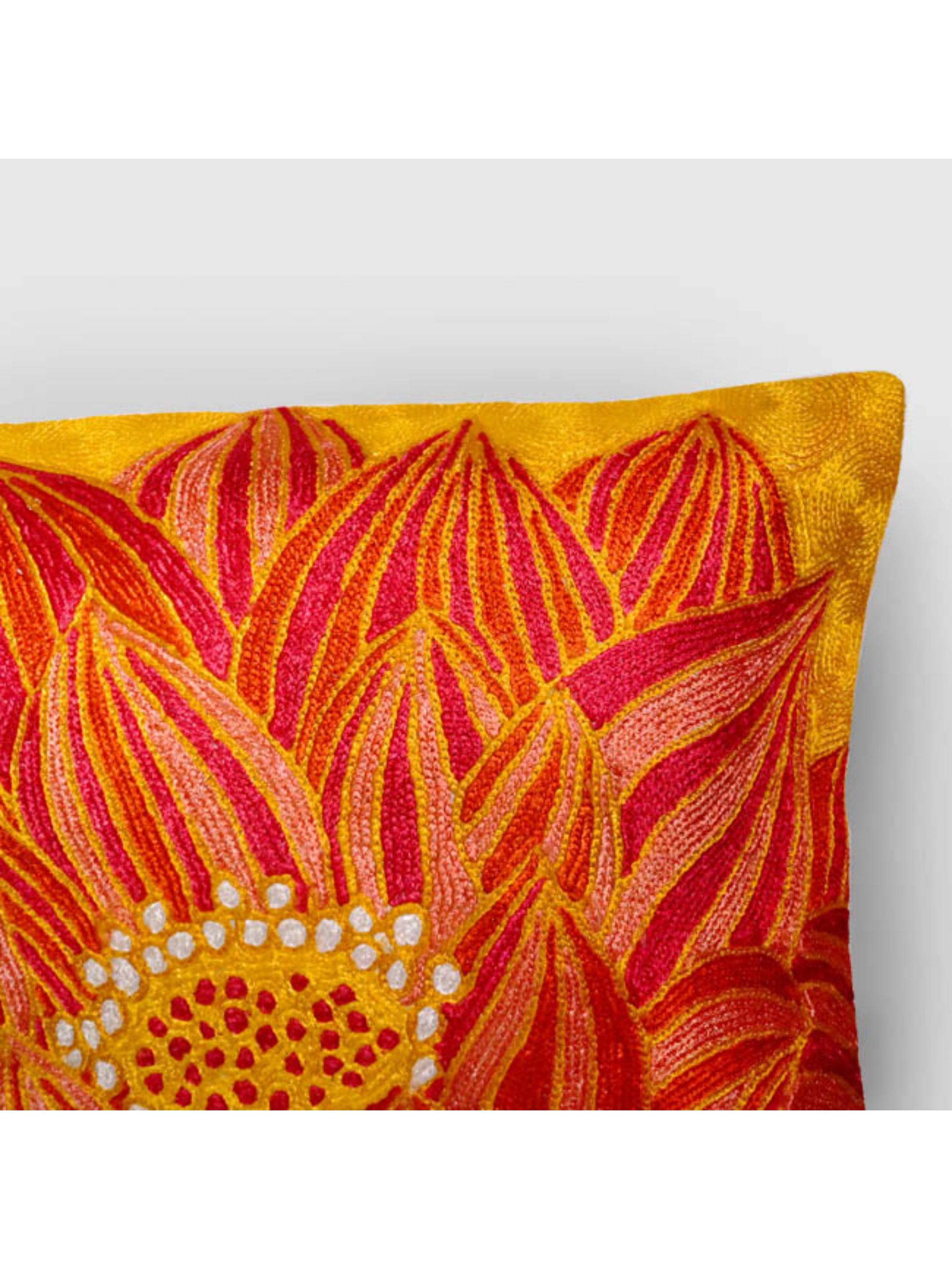 Cushion Cover - Lotus Chainstitch Embroidered  Red & Yellow