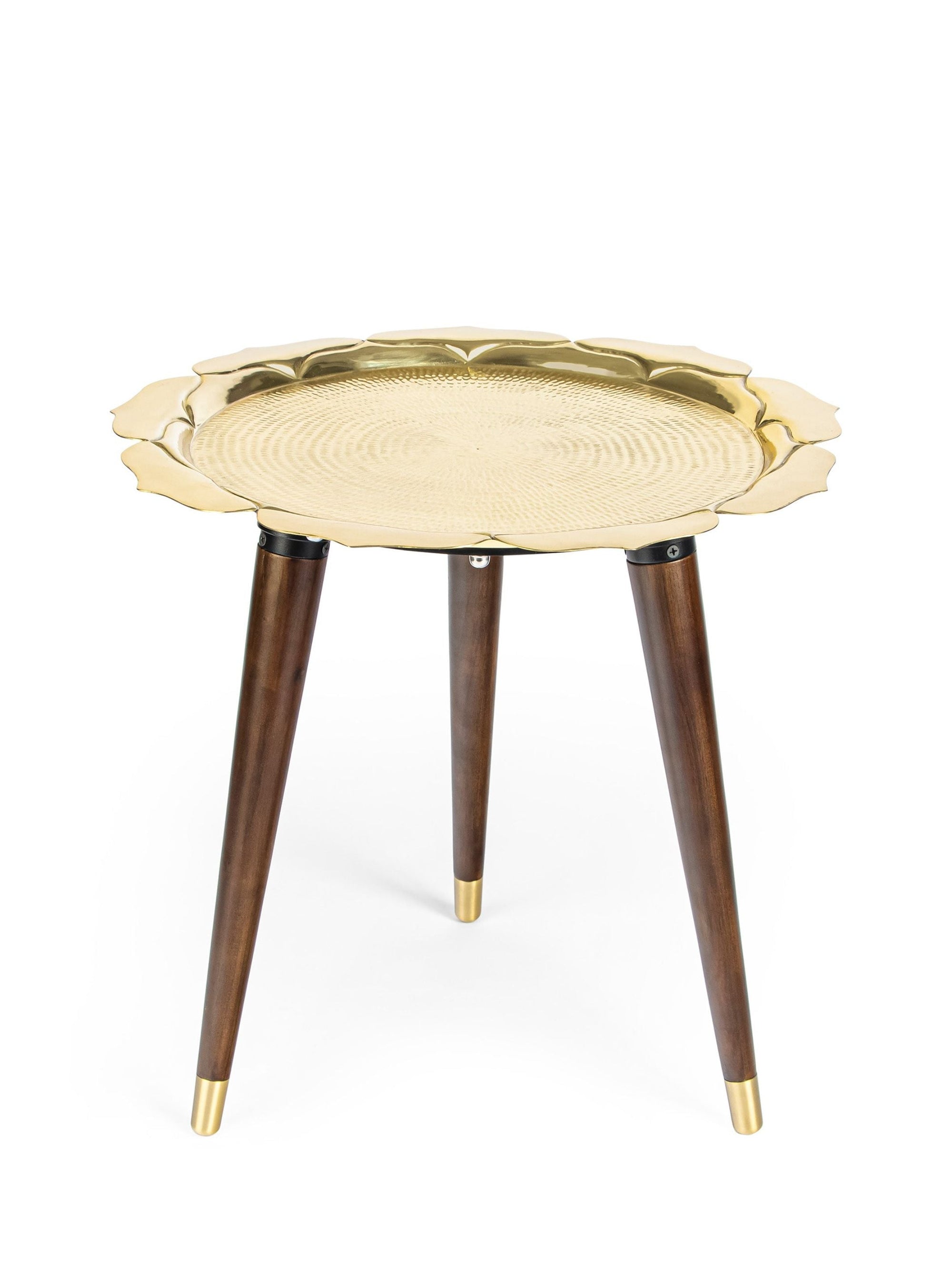Brass Lotus Accent Table - Wooden Legs