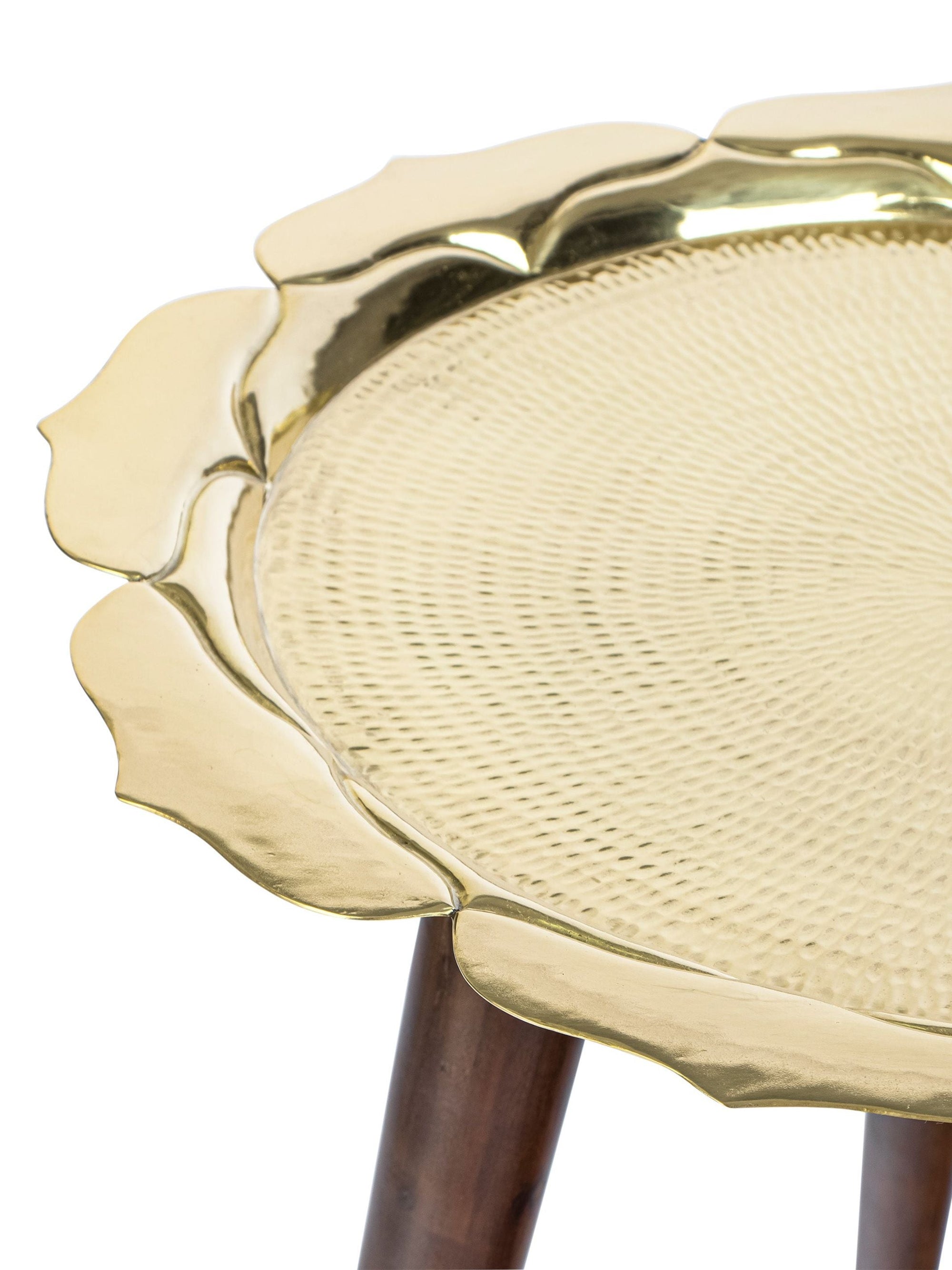 Brass Lotus Accent Table - Wooden Legs