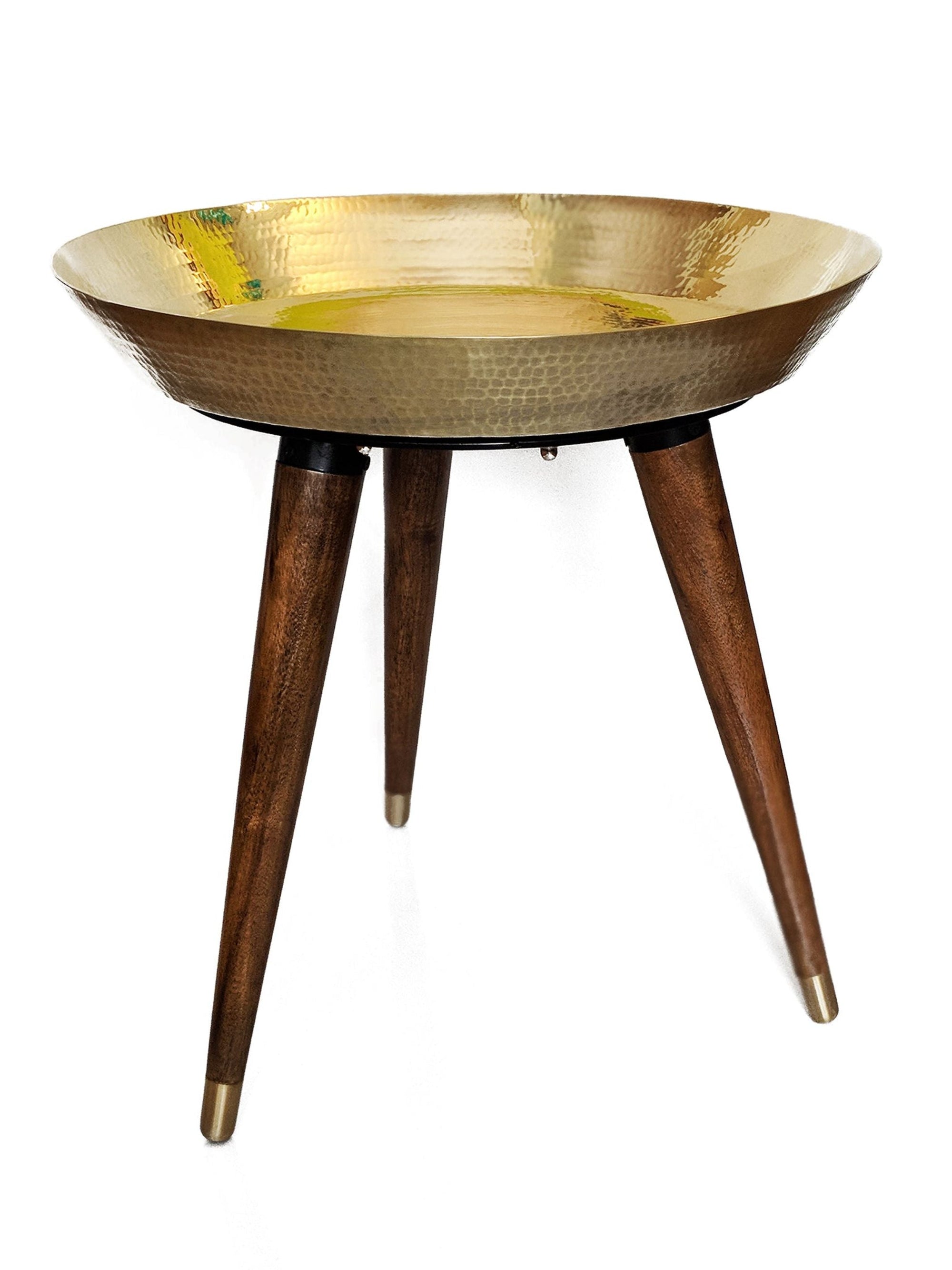 Brass Thaal Accent Table - Wooden Legs