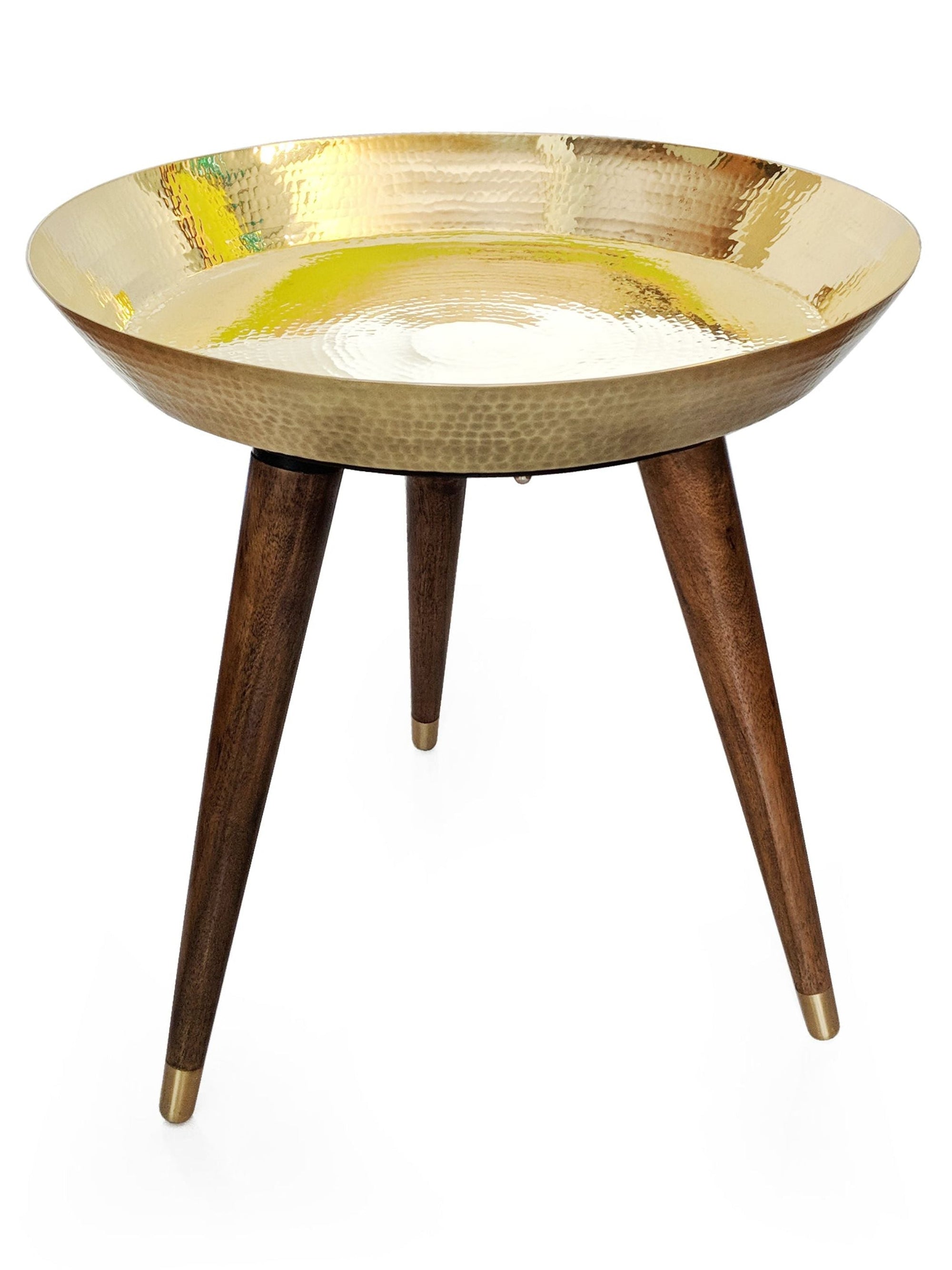 Brass Thaal Accent Table - Wooden Legs