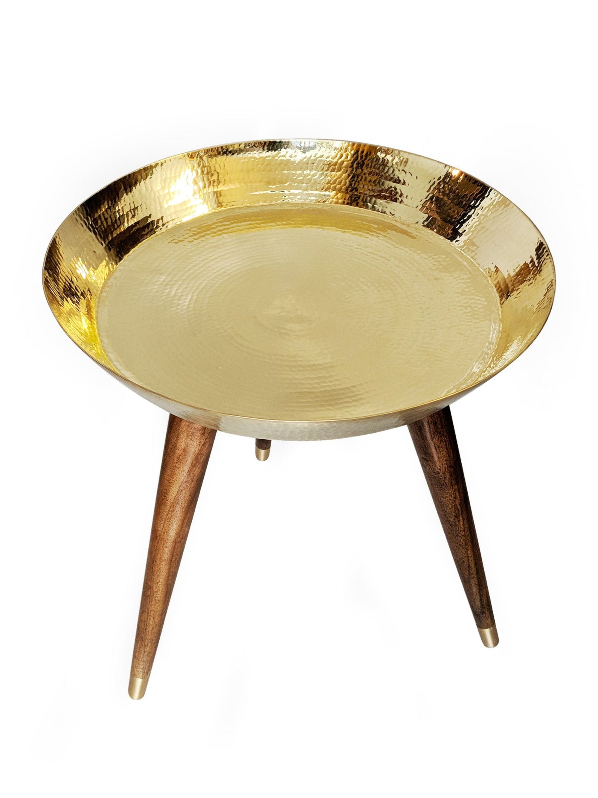 Brass Thaal Accent Table - Wooden Legs