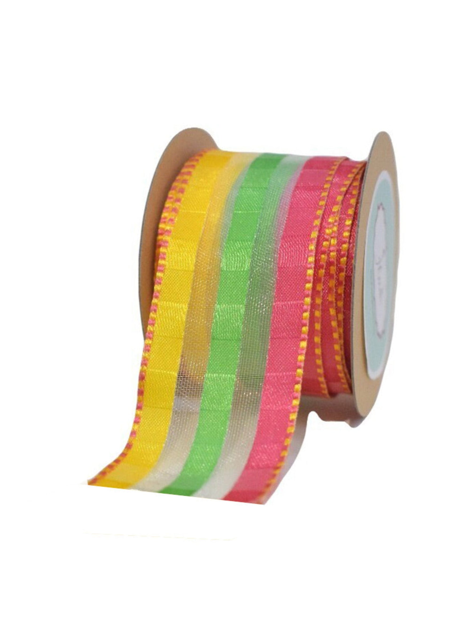 Yellow Green And Coral Stripes Ribbon