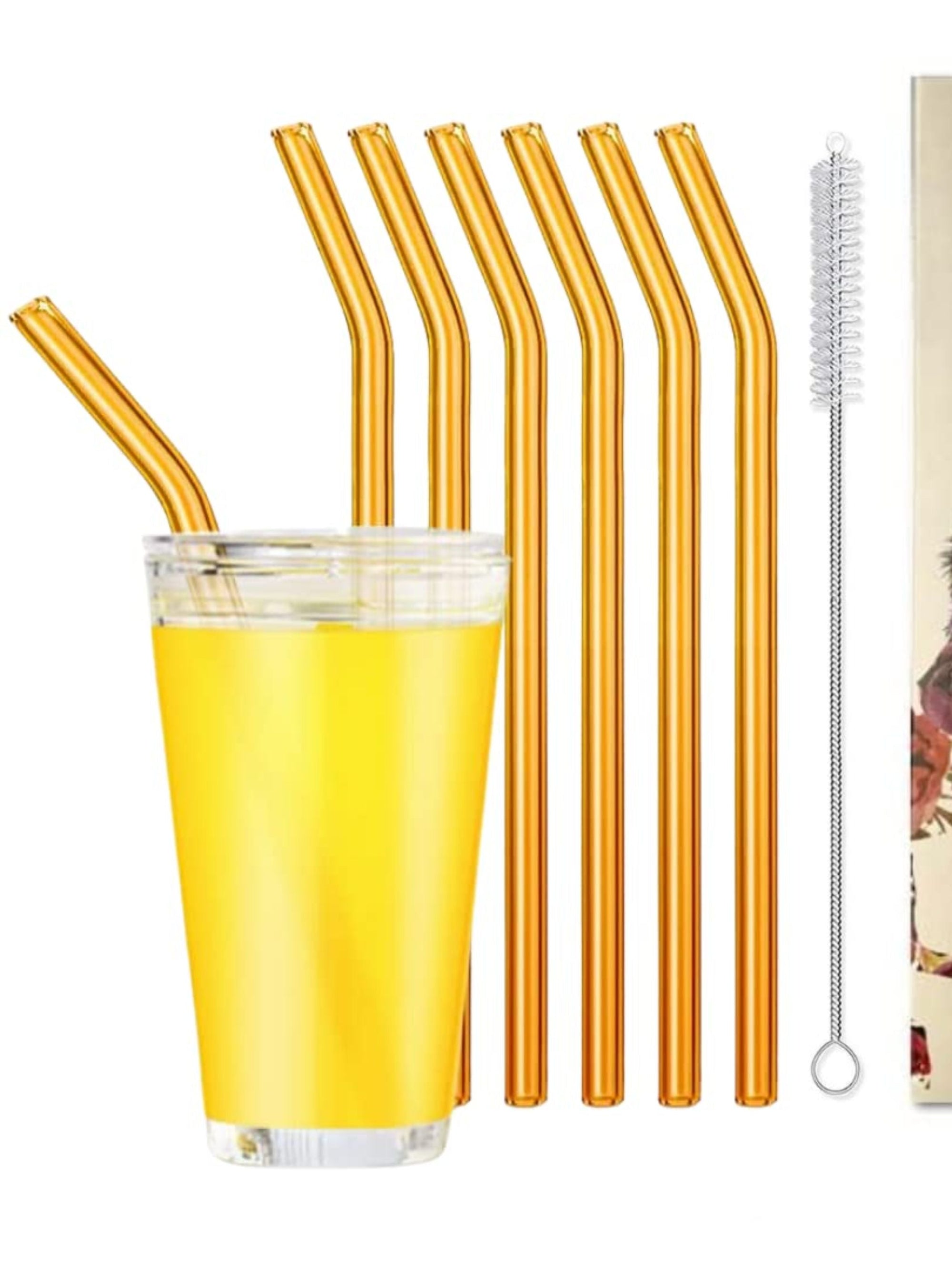 Amber Transparent Glass Straws 6 pcs with brush