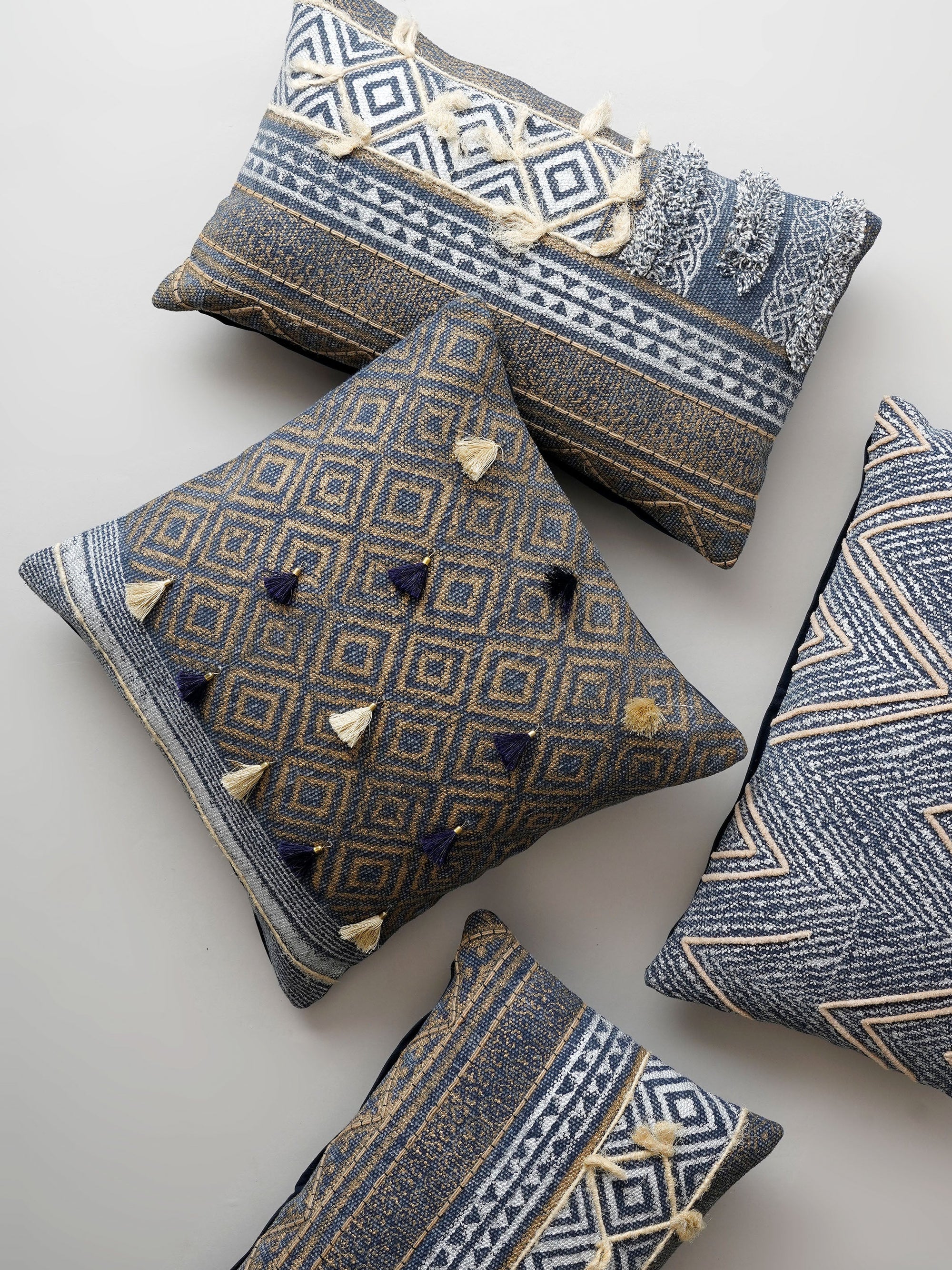 Cushion Cover - Argyle Block Print with Tassel