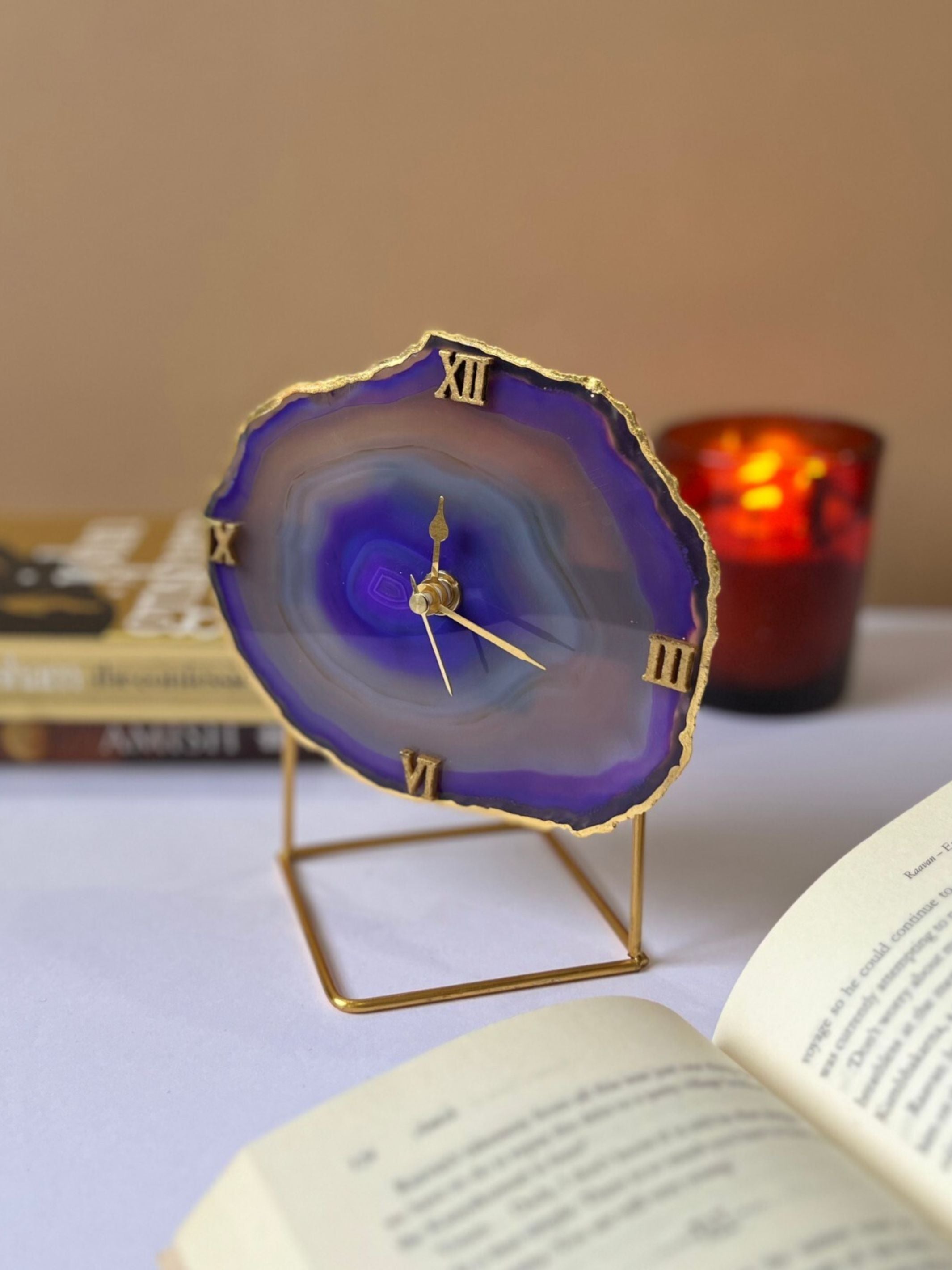 Desk Clock with Metal Stand - Brazilian Agate Purple