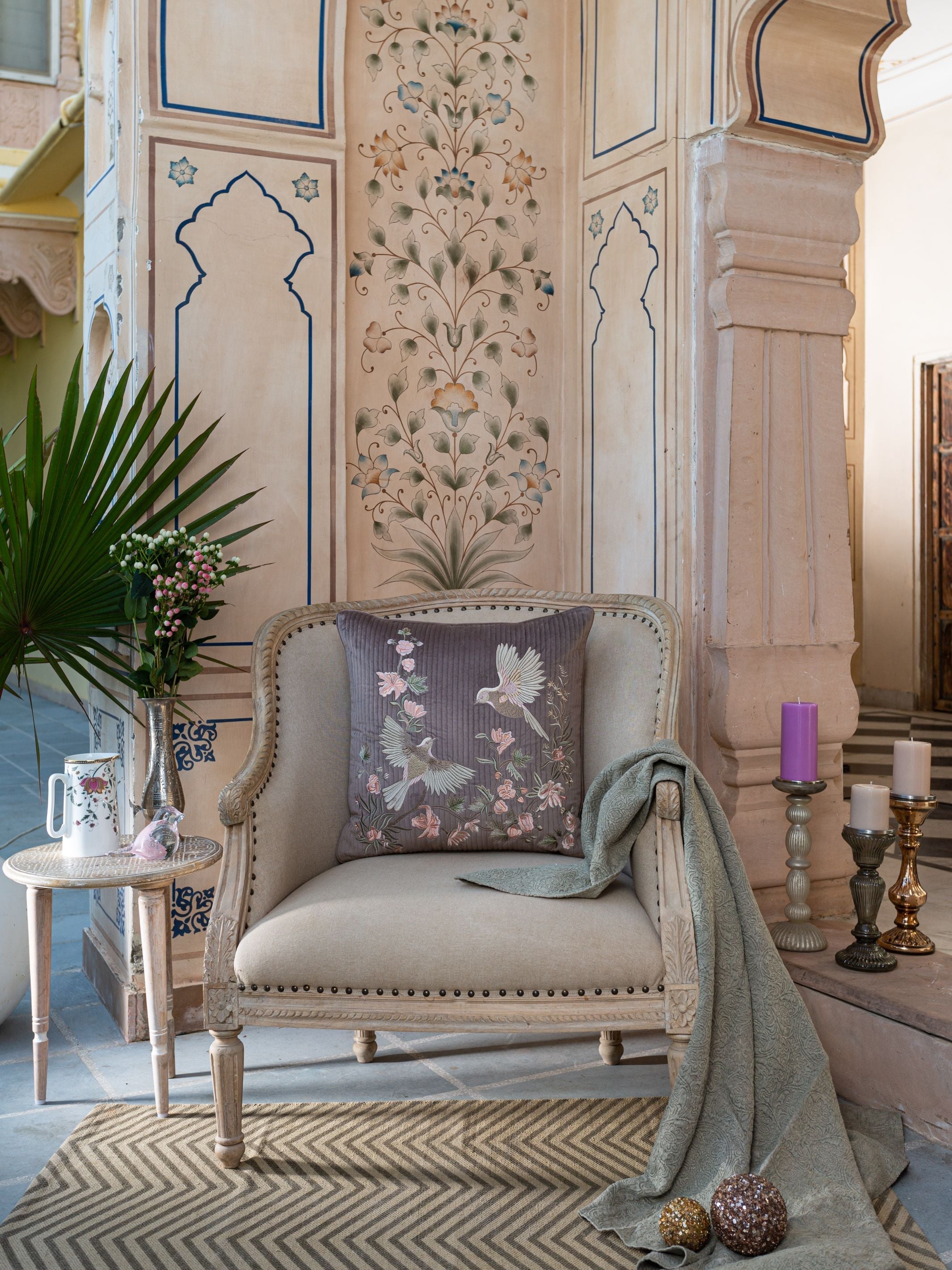 Cushion Cover - Bulbul Latte Quilted Embroidered