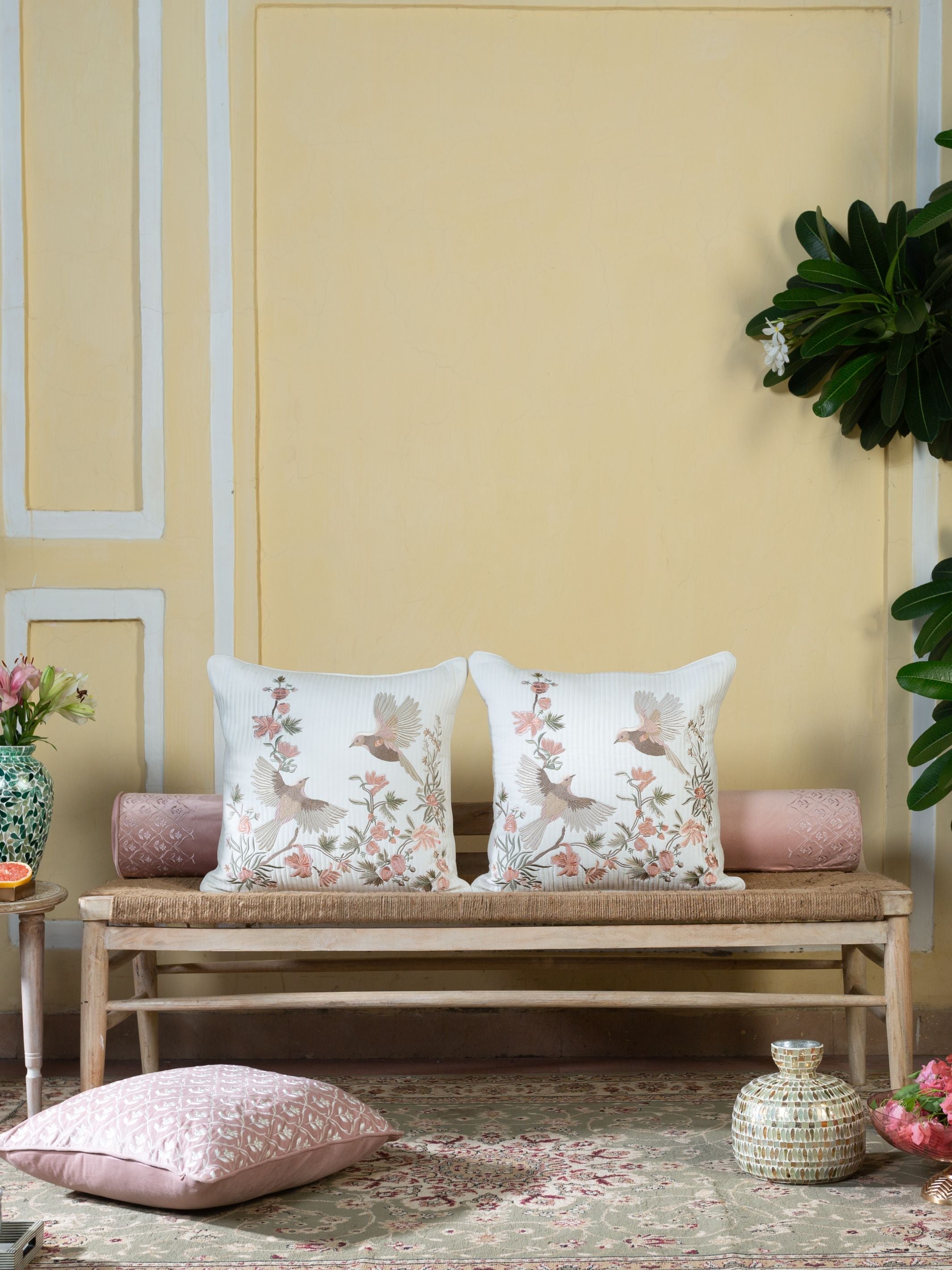 Cushion Cover - Bulbul White Quilted Embroidered
