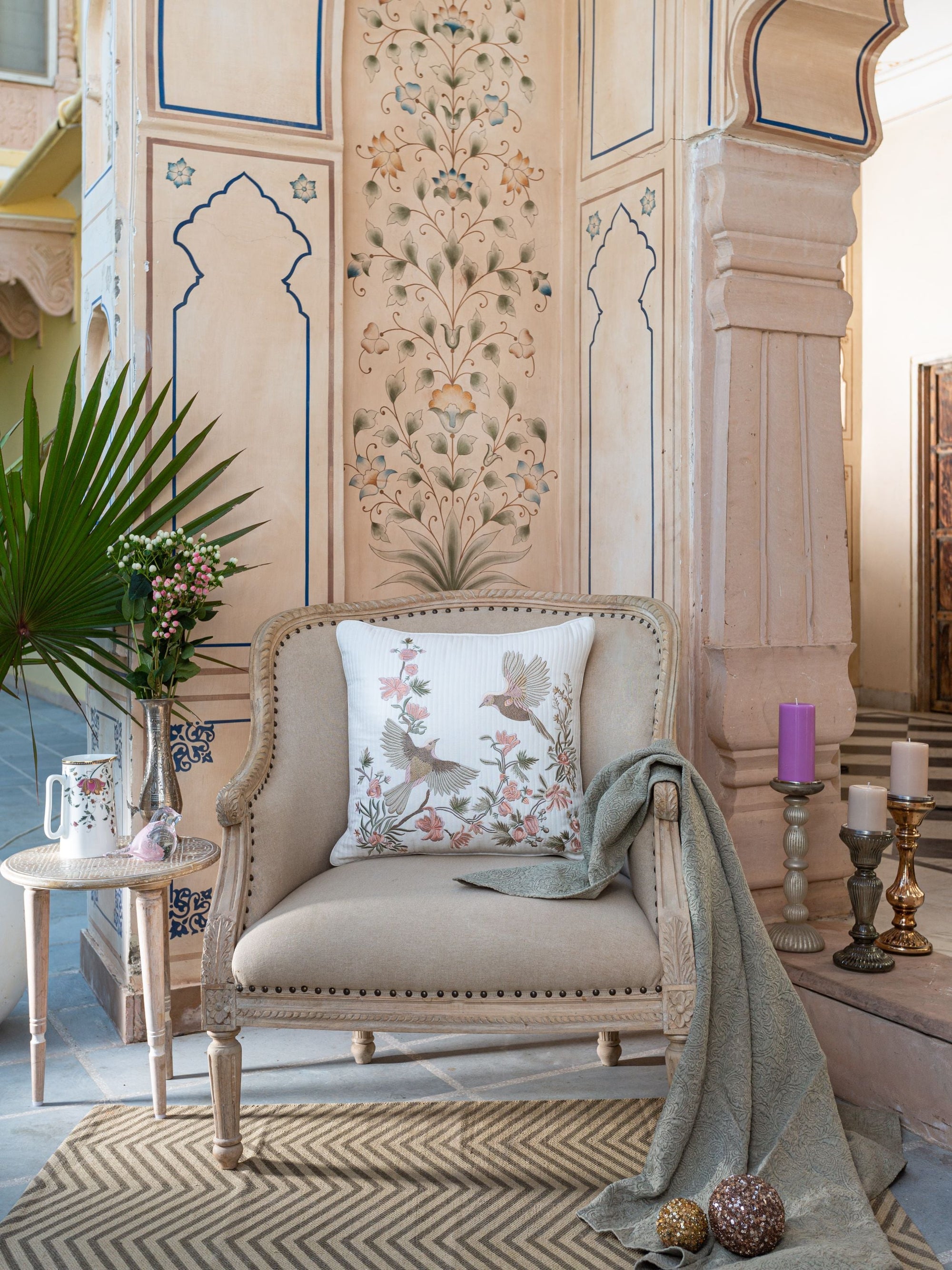 Cushion Cover - Bulbul White Quilted Embroidered