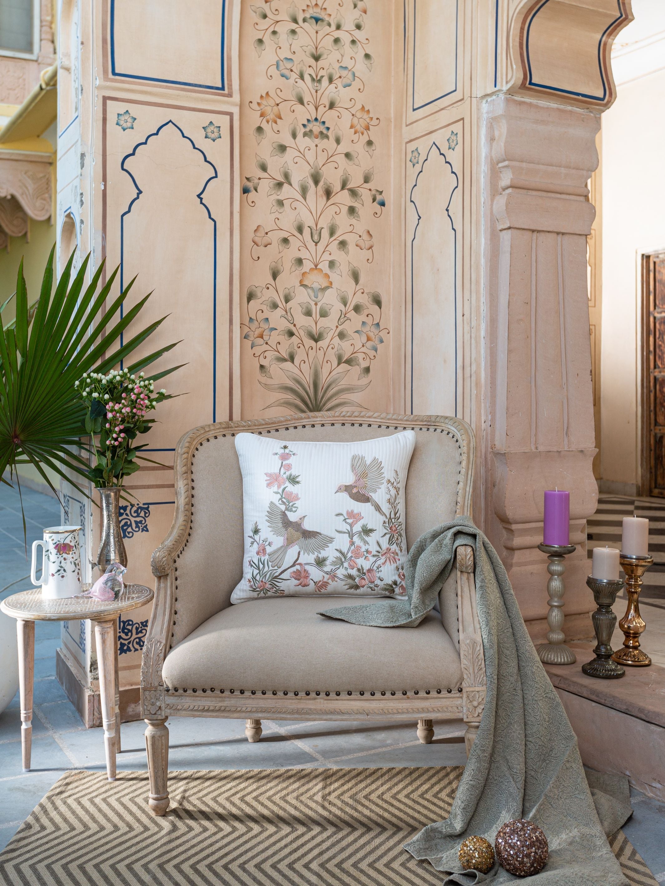 Cushion Cover - Bulbul White Quilted Embroidered