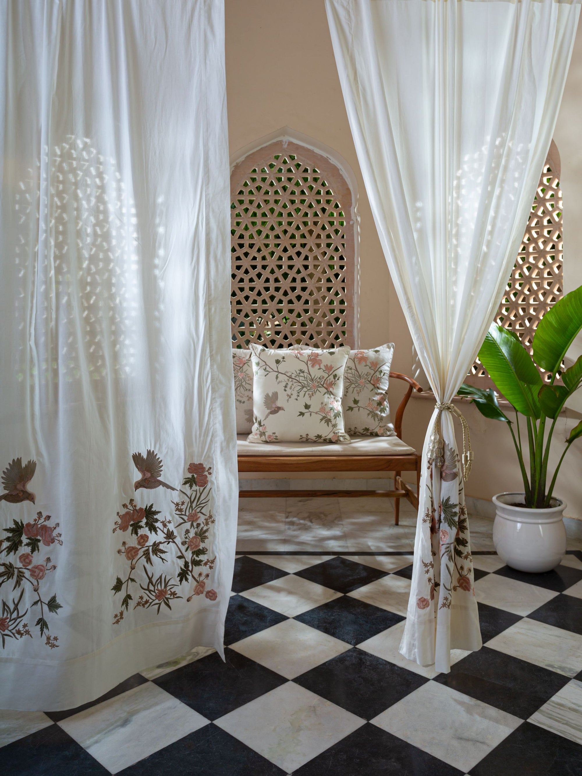 Cushion Cover - Bulbul White Quilted Embroidered