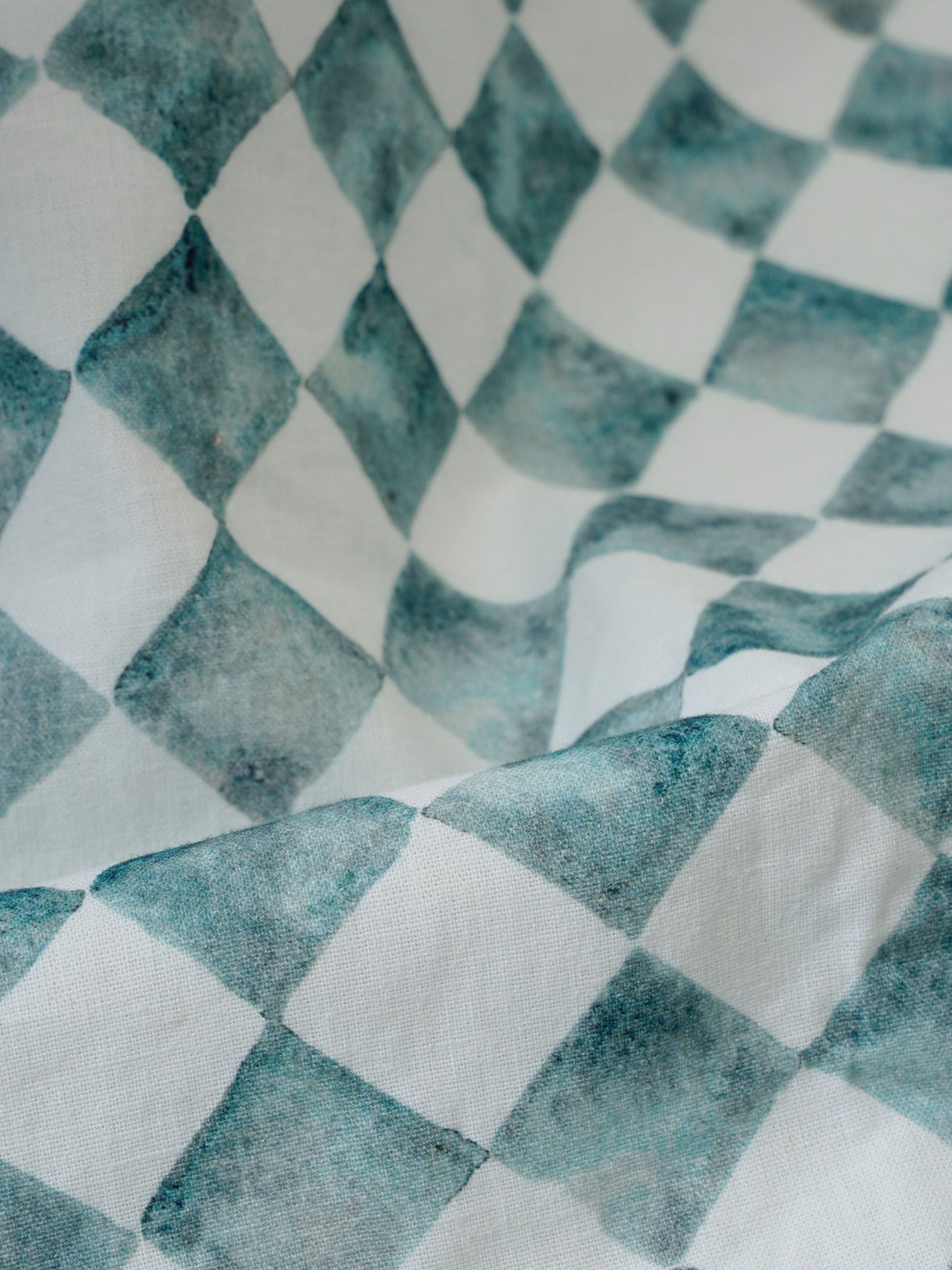 Linen Bedspread - Checker Blue