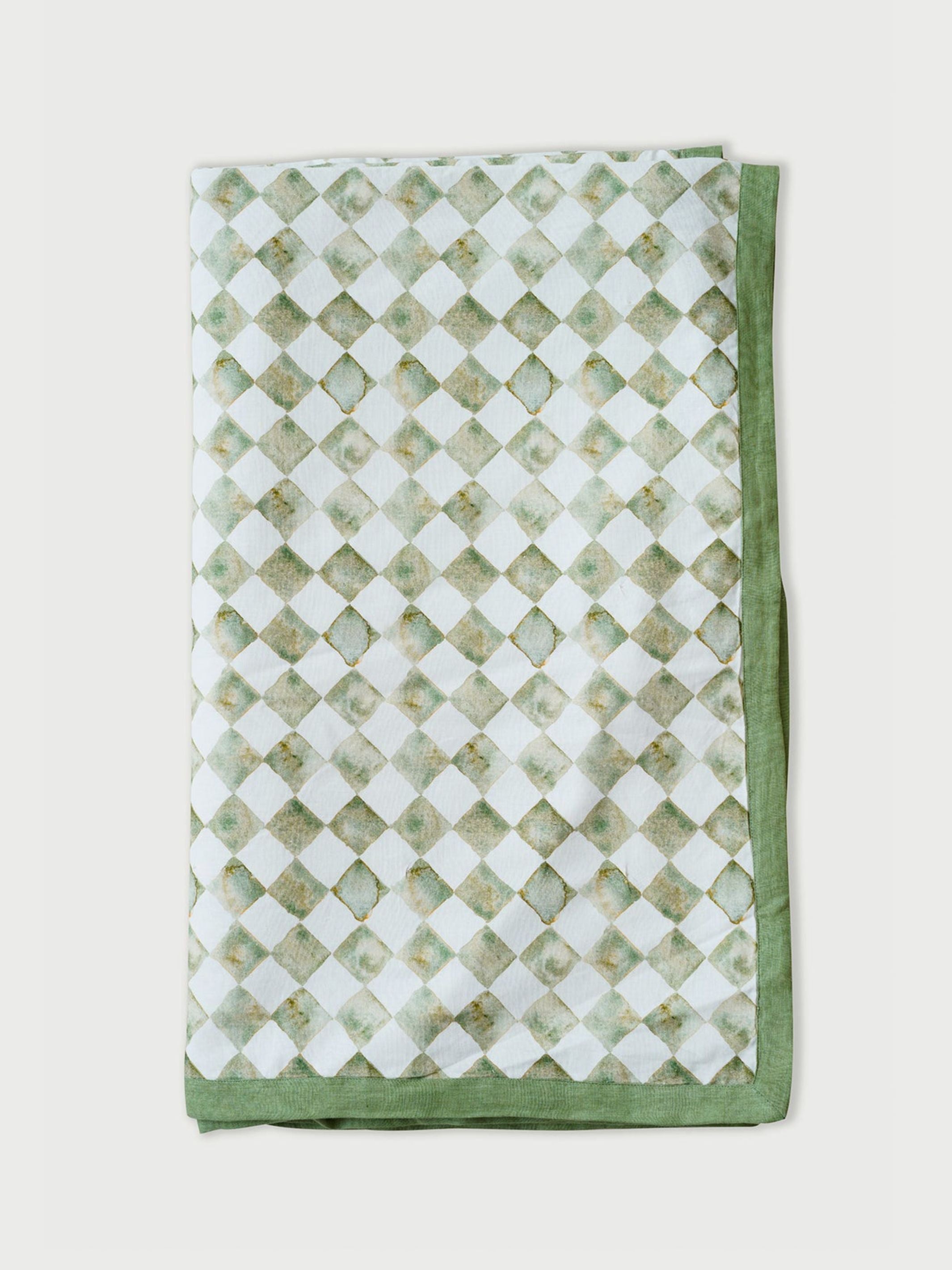 Linen Bedspread - Checker Green
