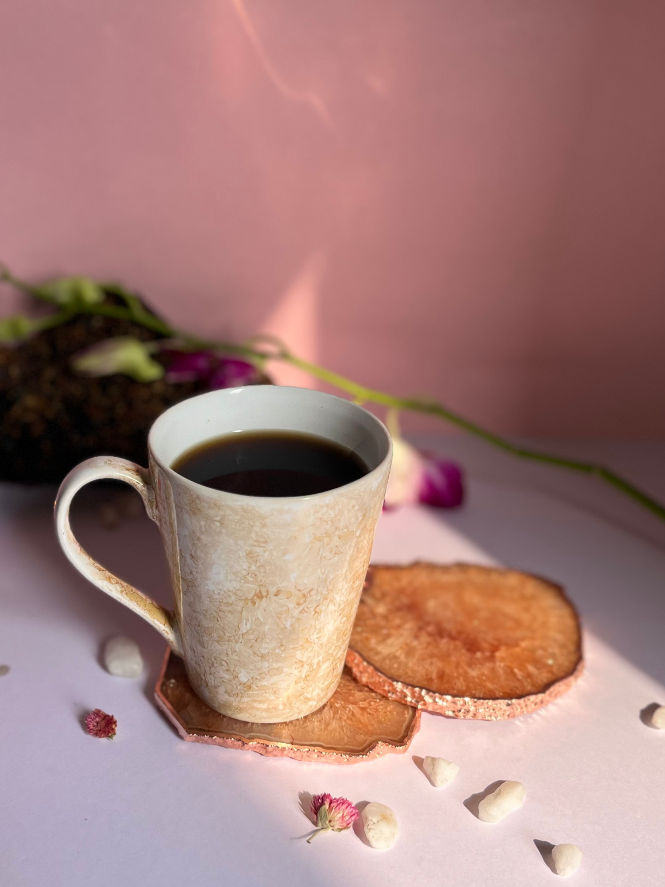 Coaster Set of 2 - Crystal Brown Agate with Rose Gold Edging