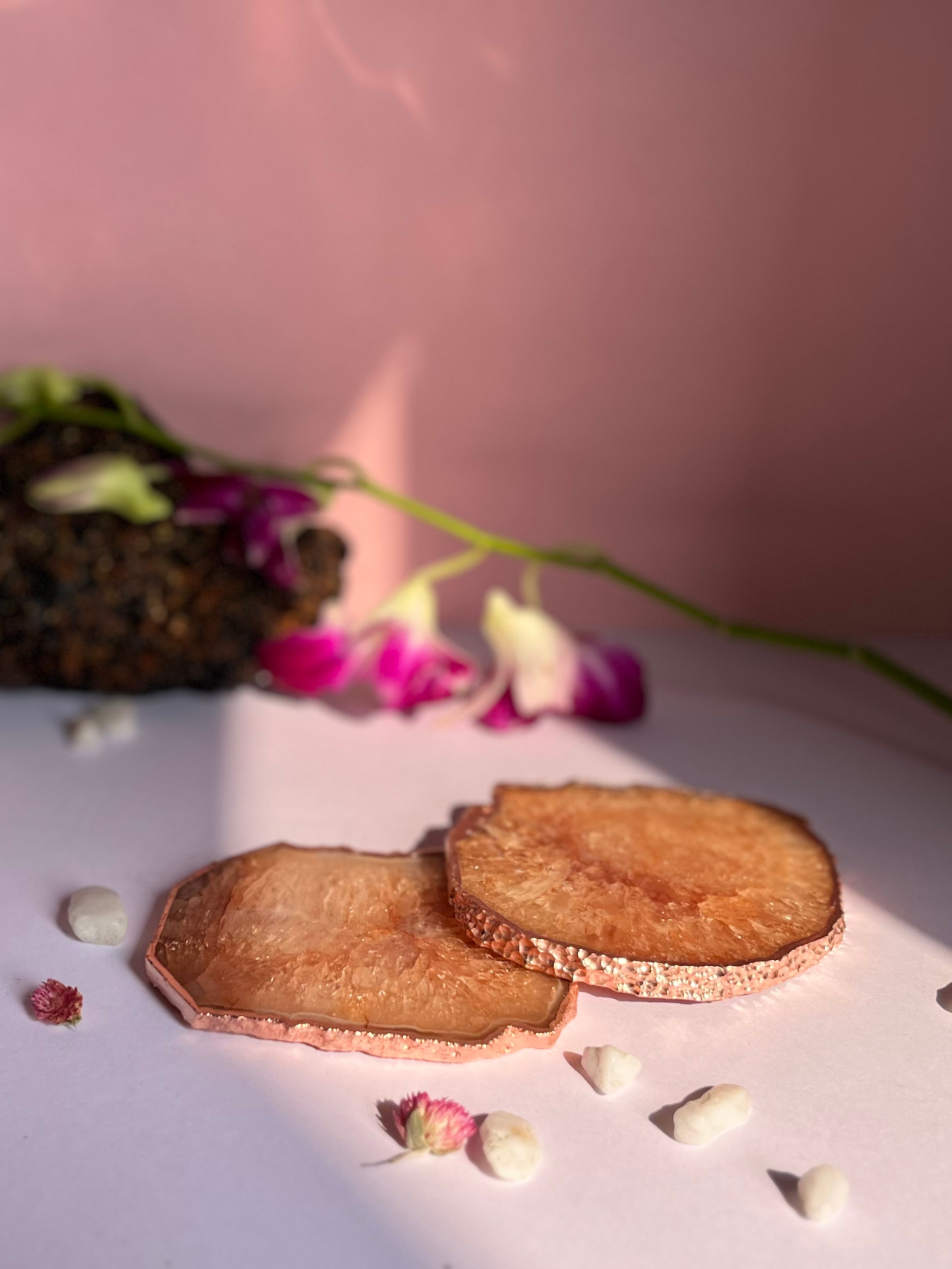 Coaster Set of 2 - Crystal Brown Agate with Rose Gold Edging