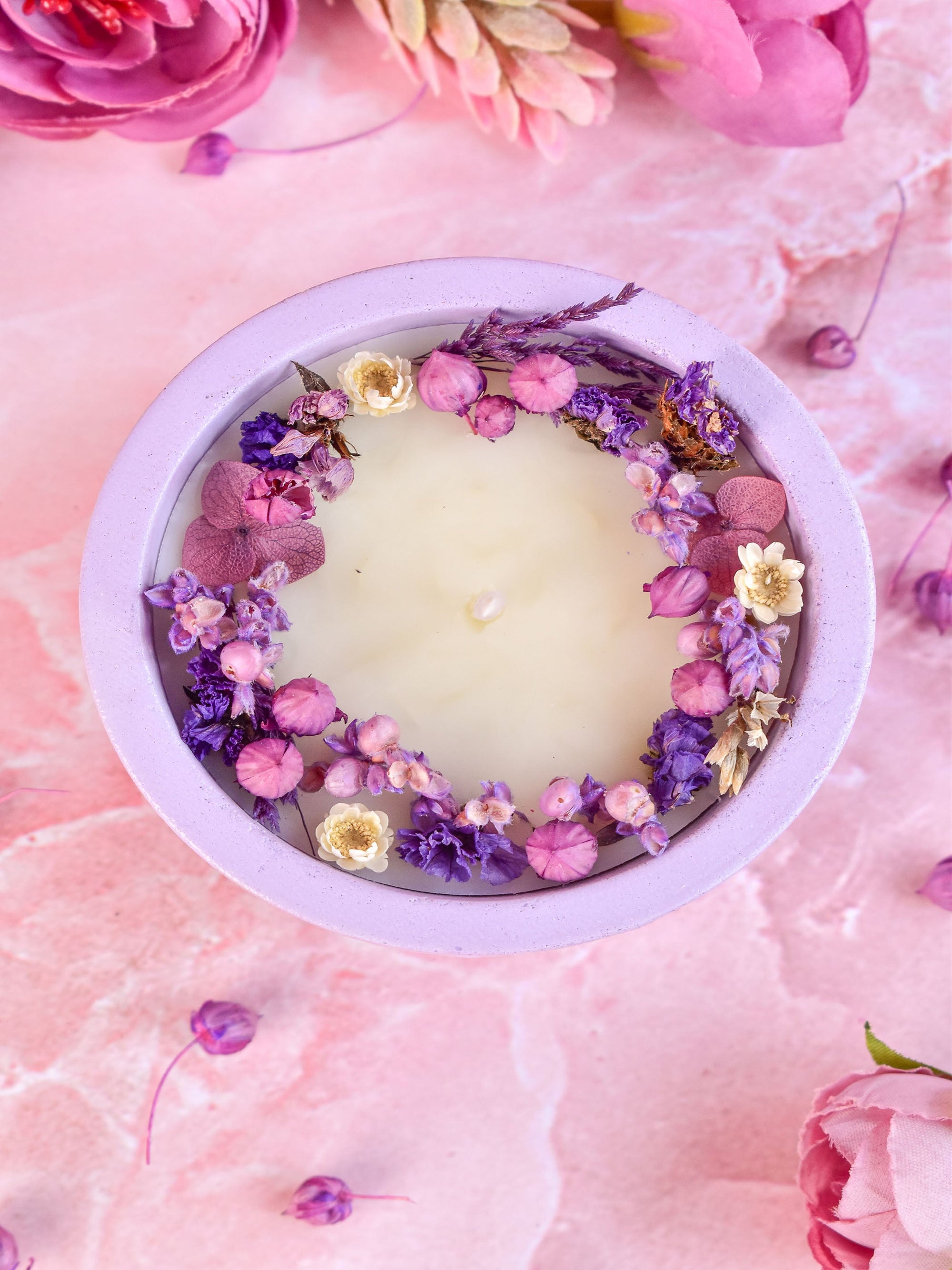Dryflower & Soy Wax Candle In Purple Concrete Jar