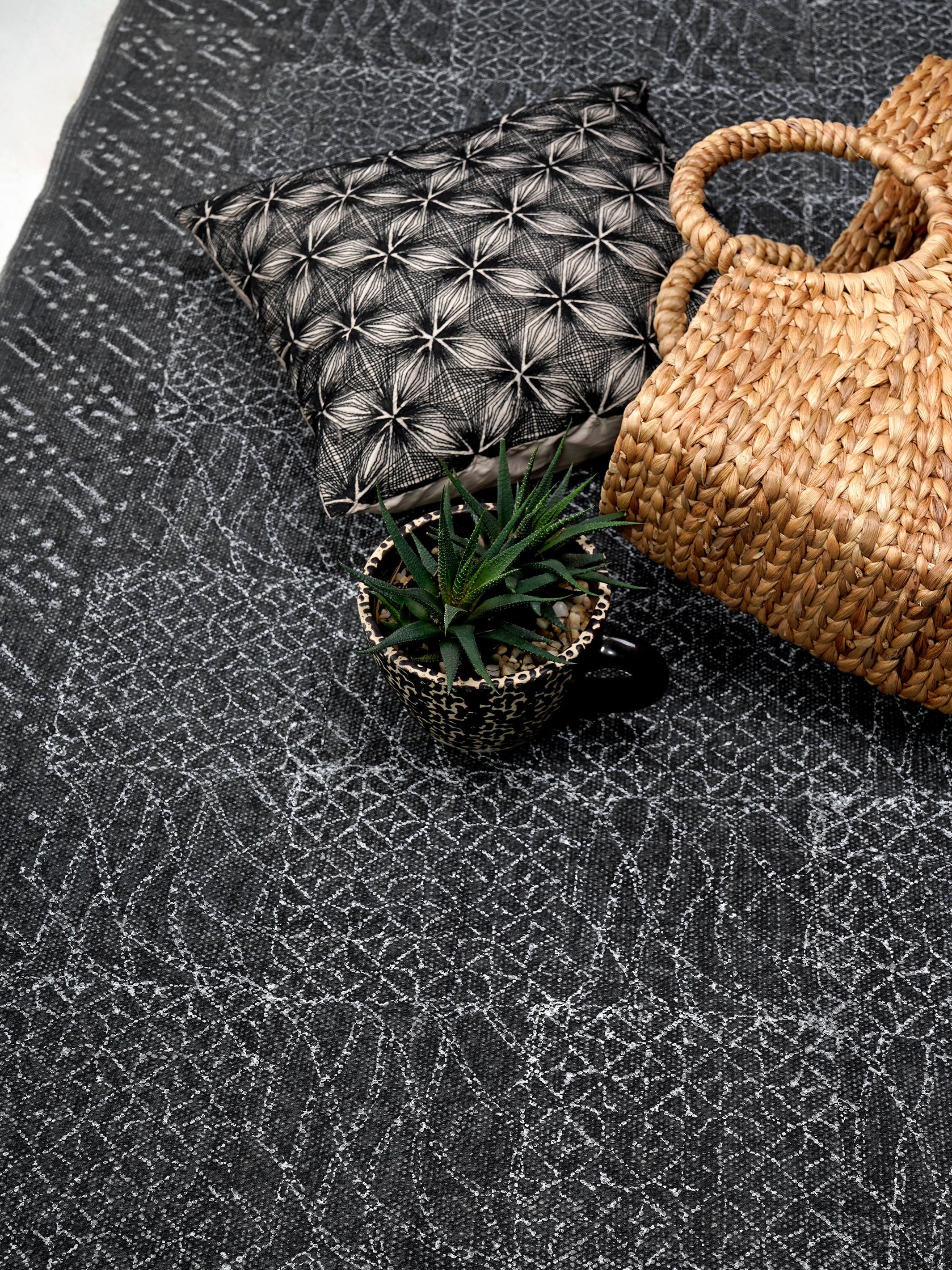 Hand Block Print Cotton Rug Black