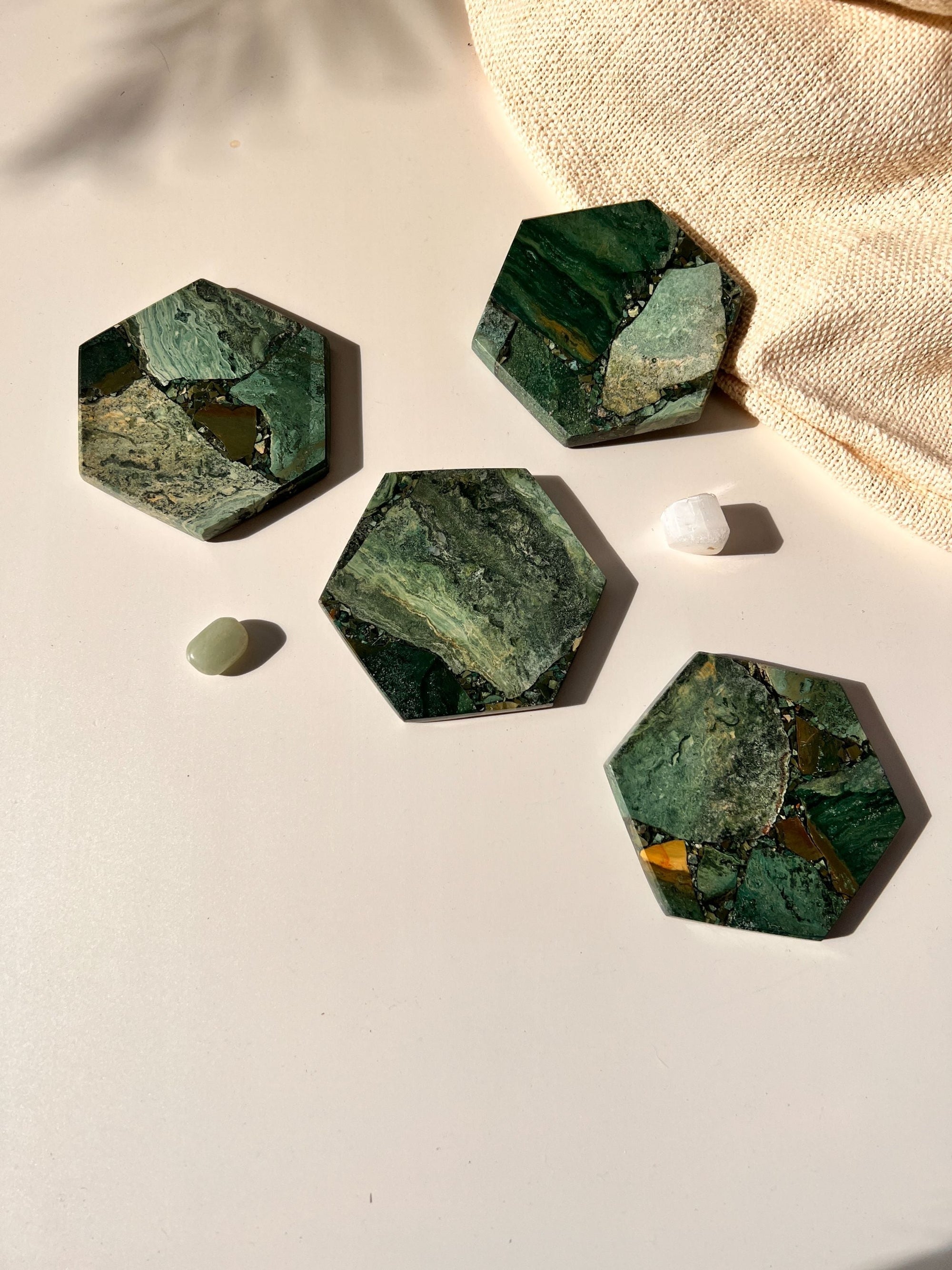 Moss Agate Hexagon Coaster Set of 4
