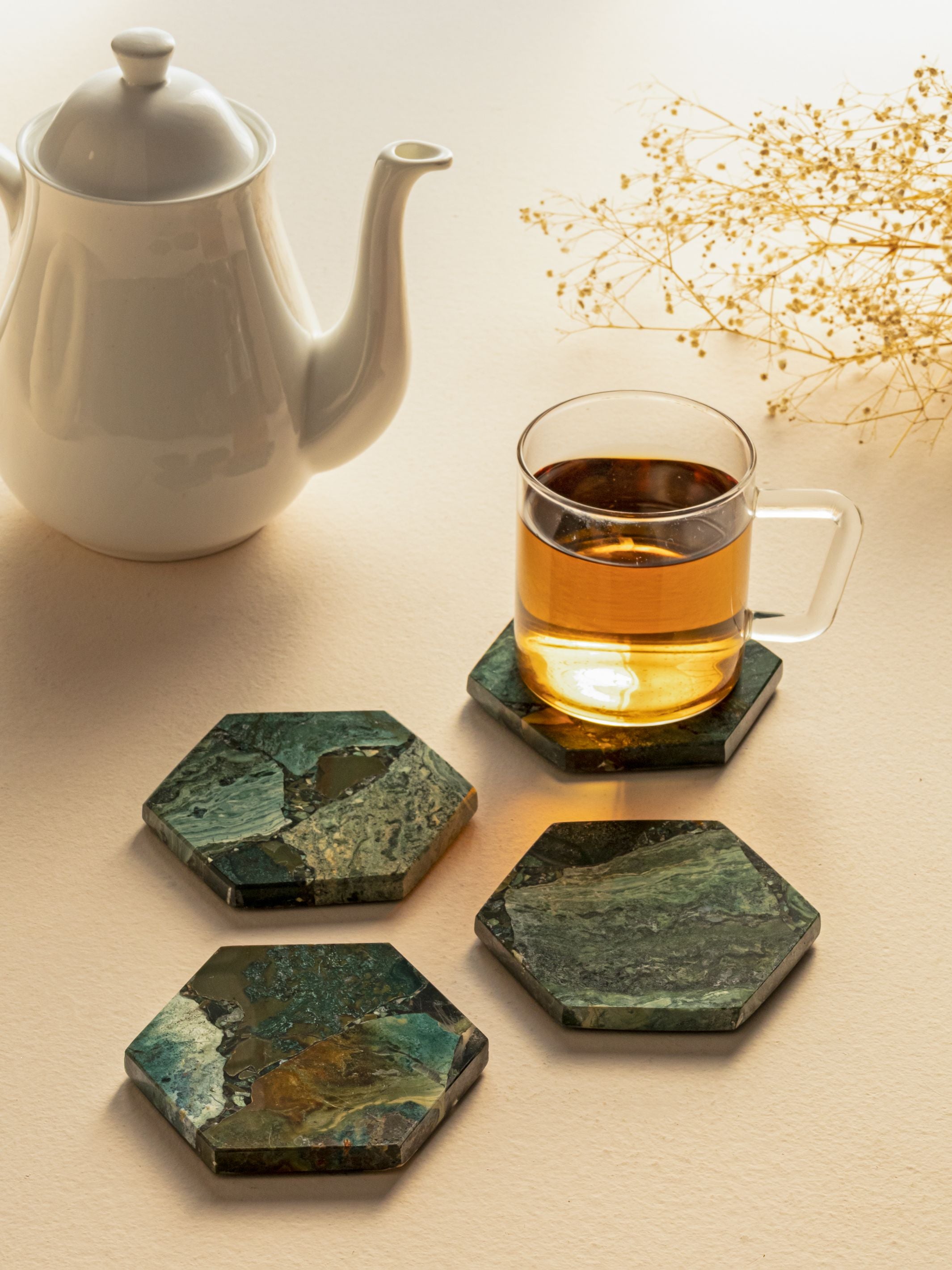Moss Agate Hexagon Coaster Set of 4