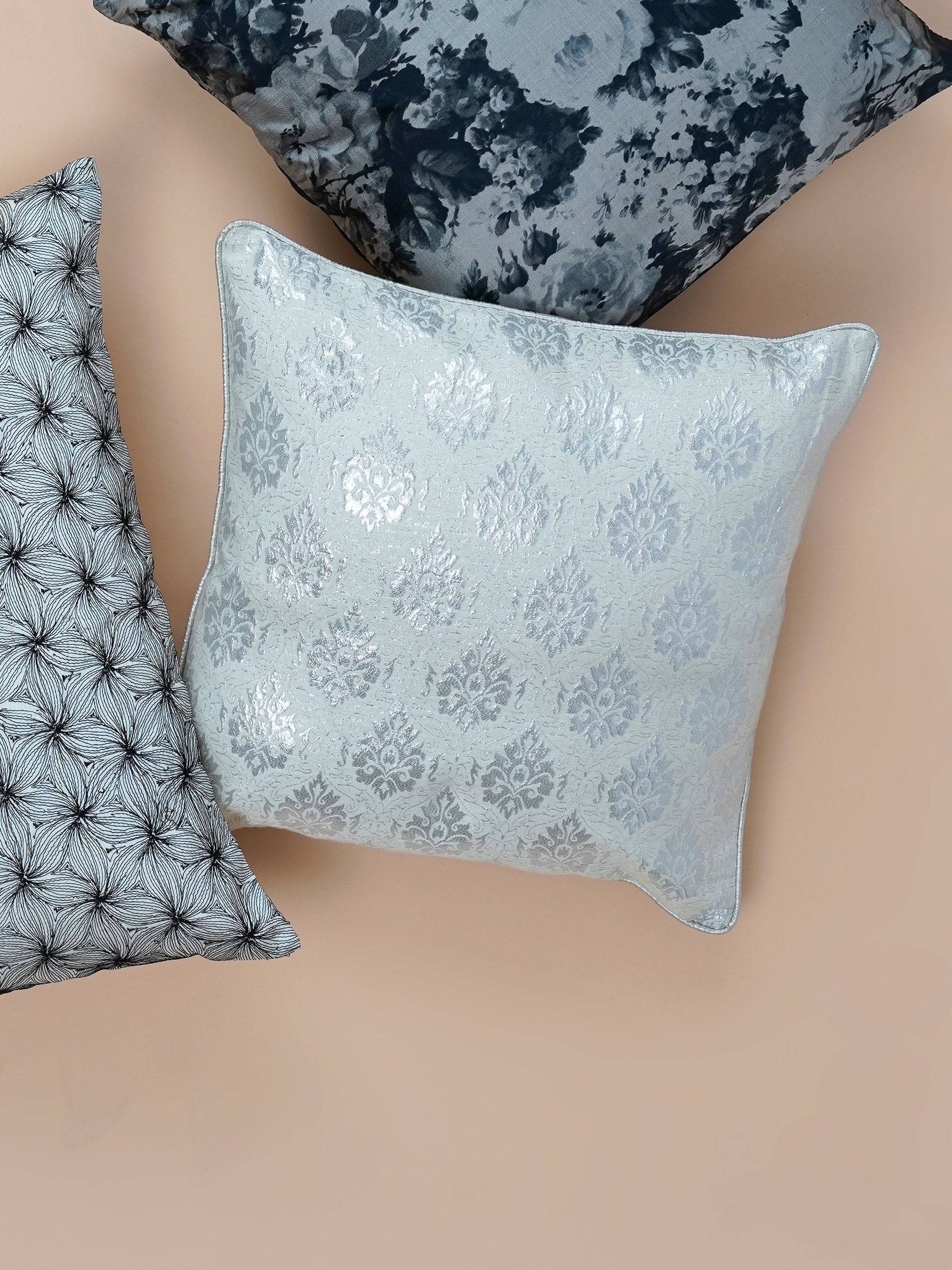 Cushion Cover - Silver Damask Embroidered
