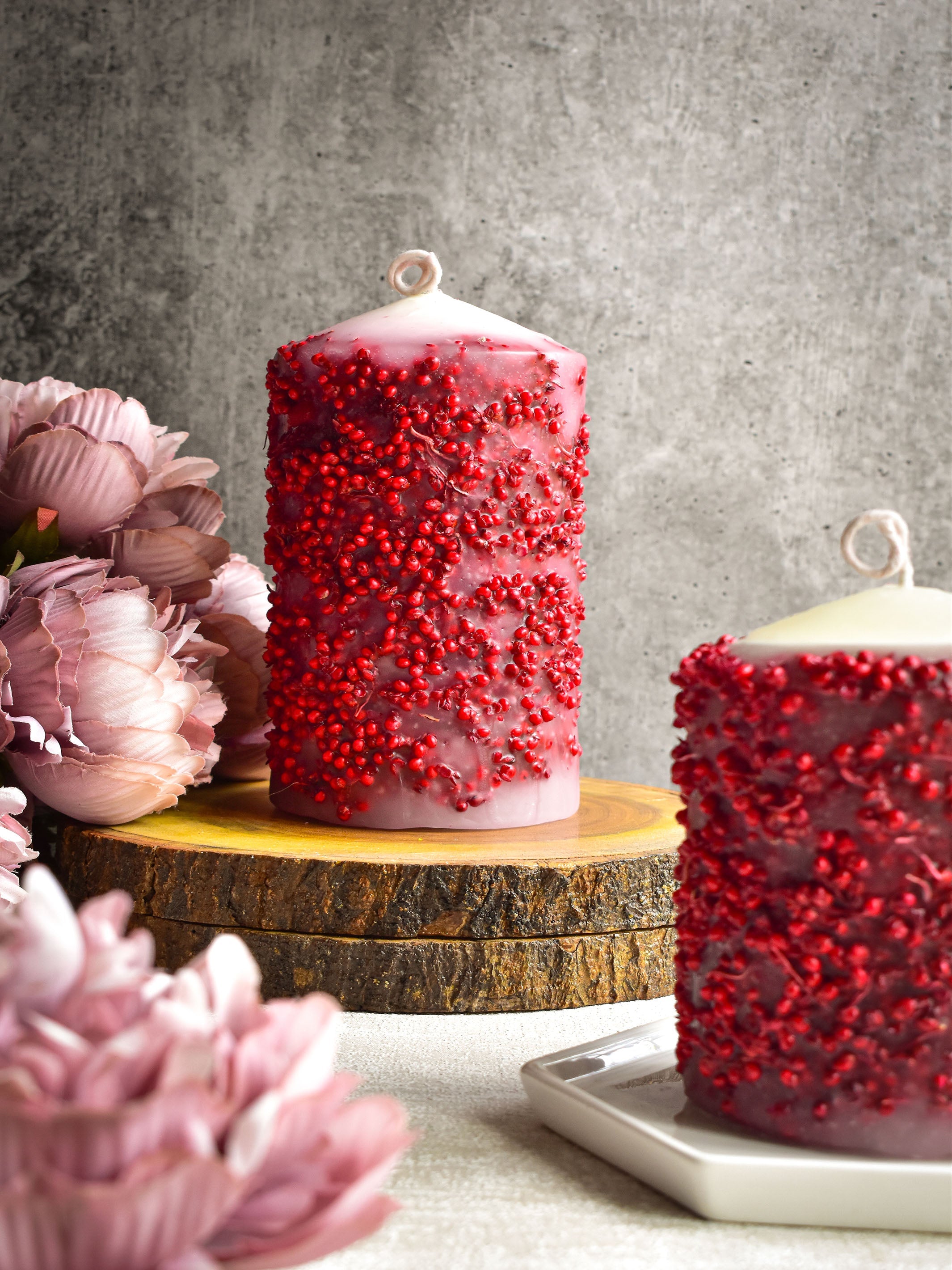 Red Dry Flower Pillar Candle