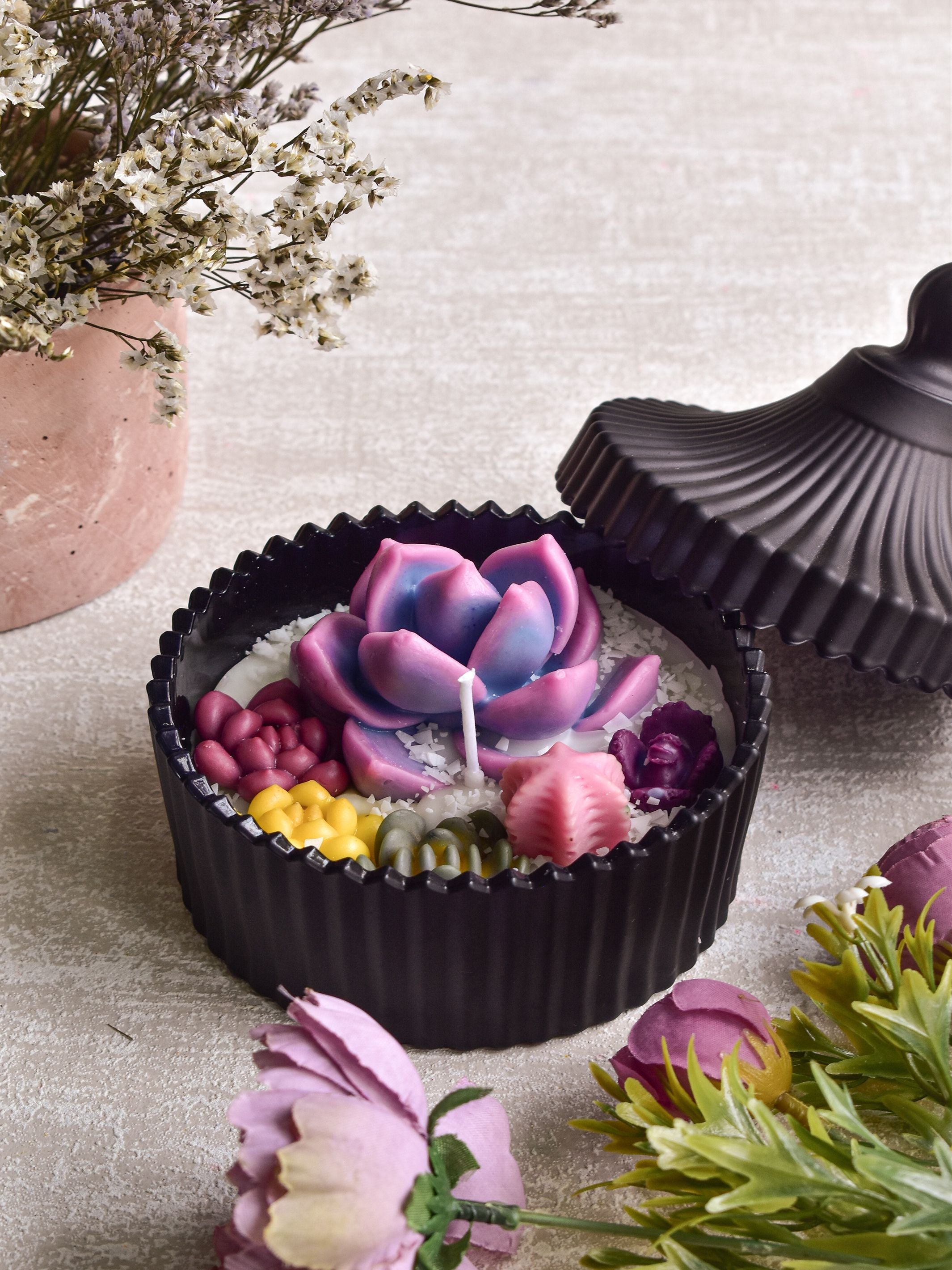 Voilet Echeveria Candle In Black Jar