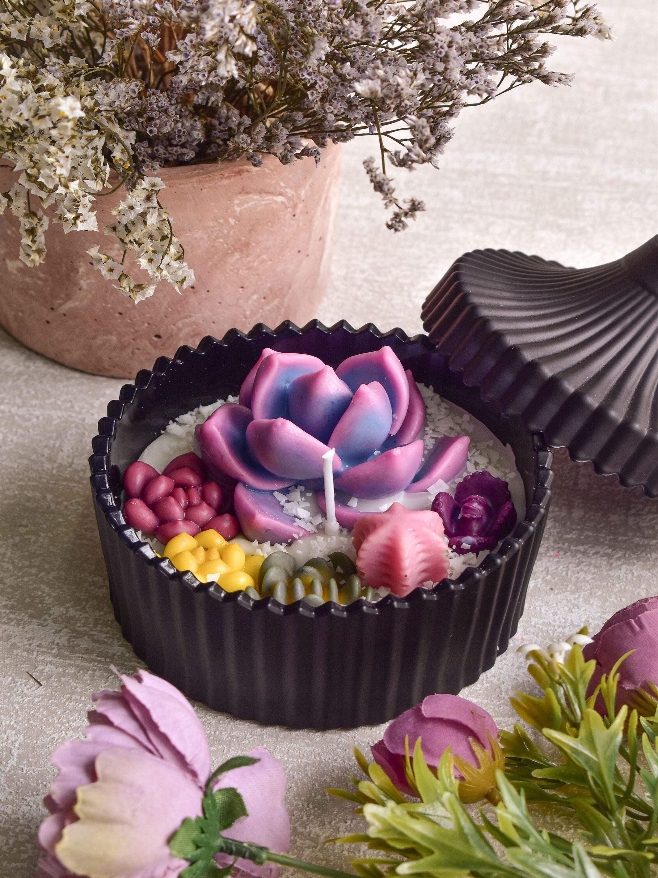 Voilet Echeveria Candle In Black Jar