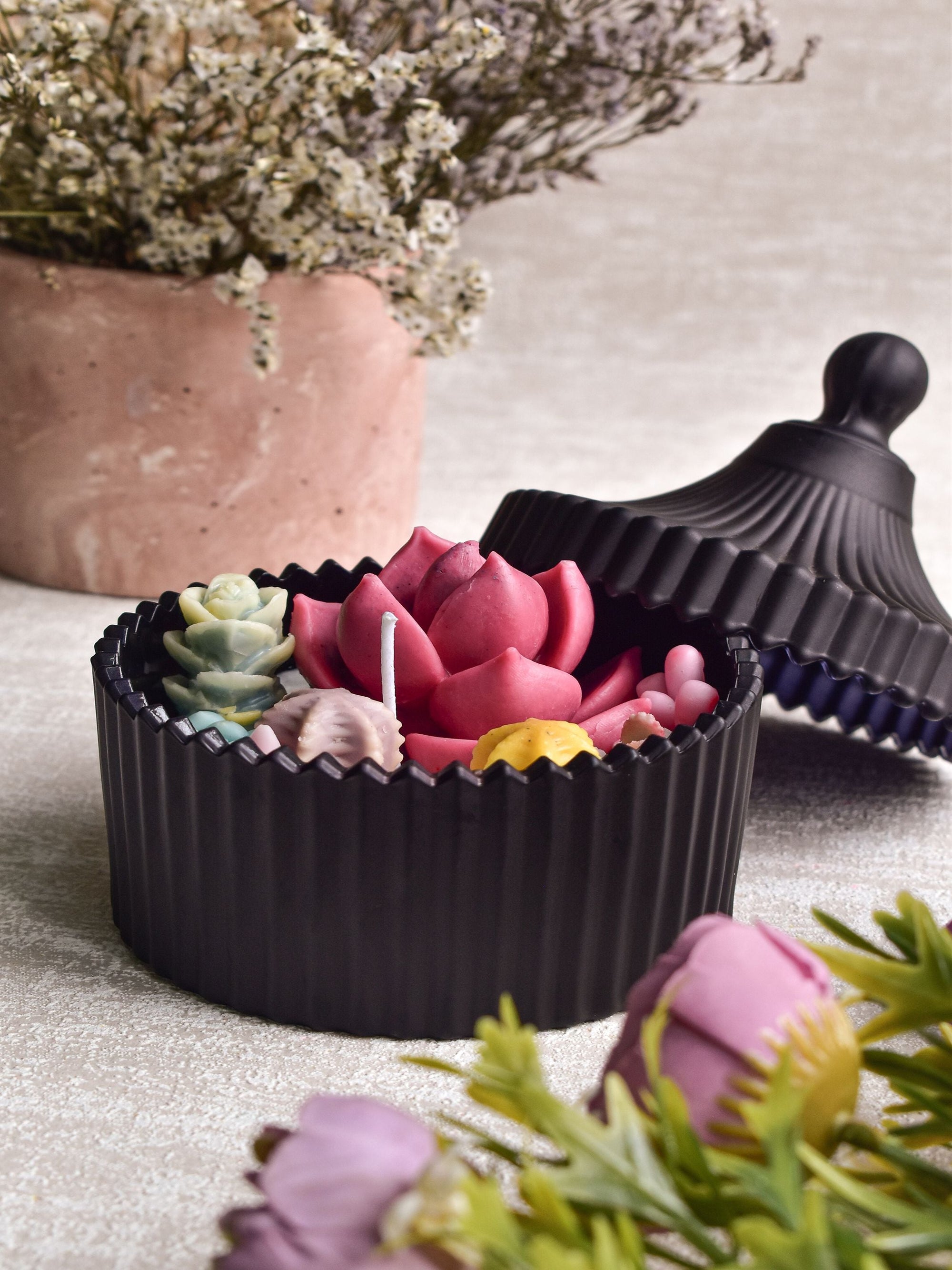 Deep Pink Echeveria Candle In Black Jar