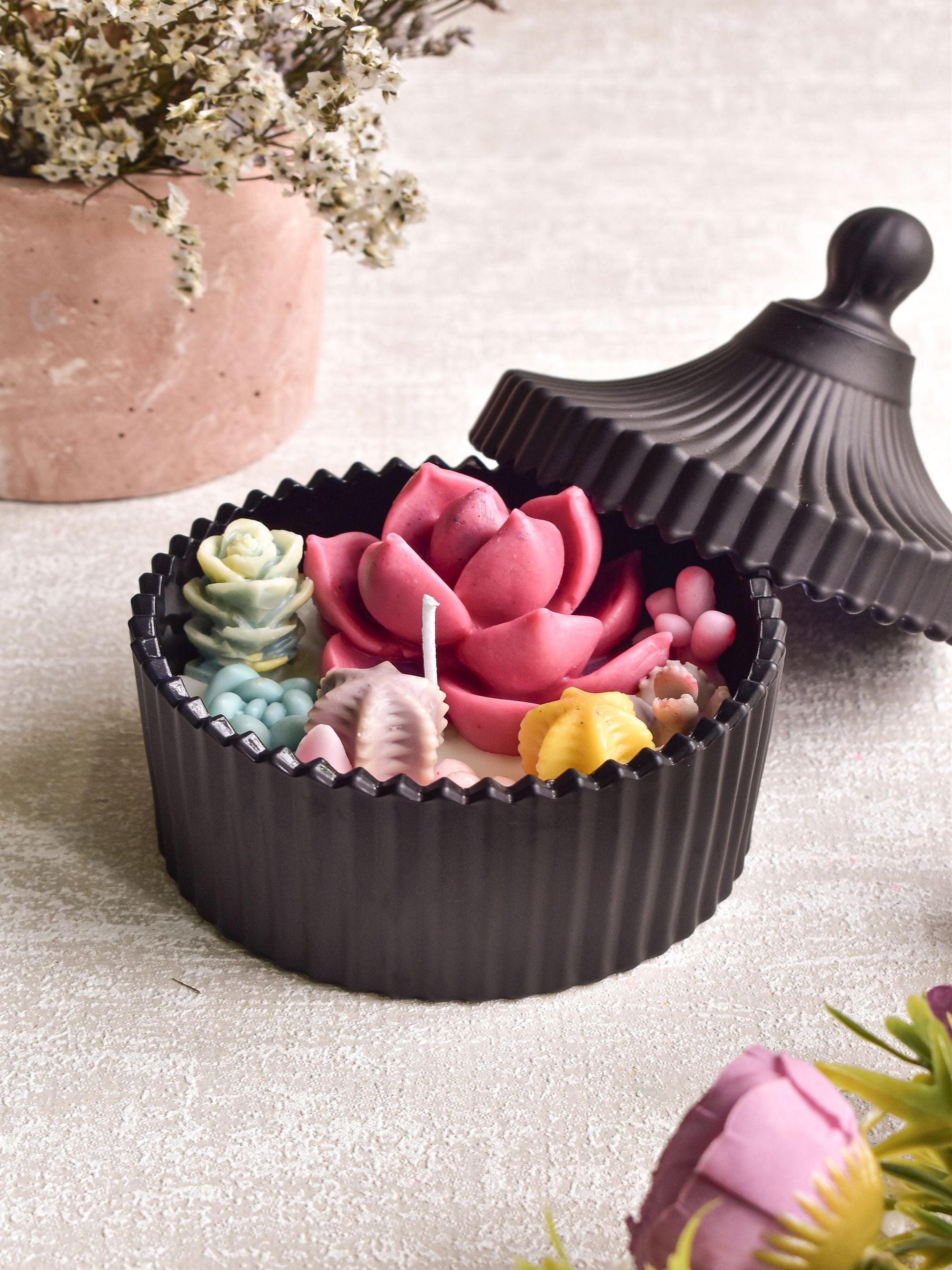 Deep Pink Echeveria Candle In Black Jar