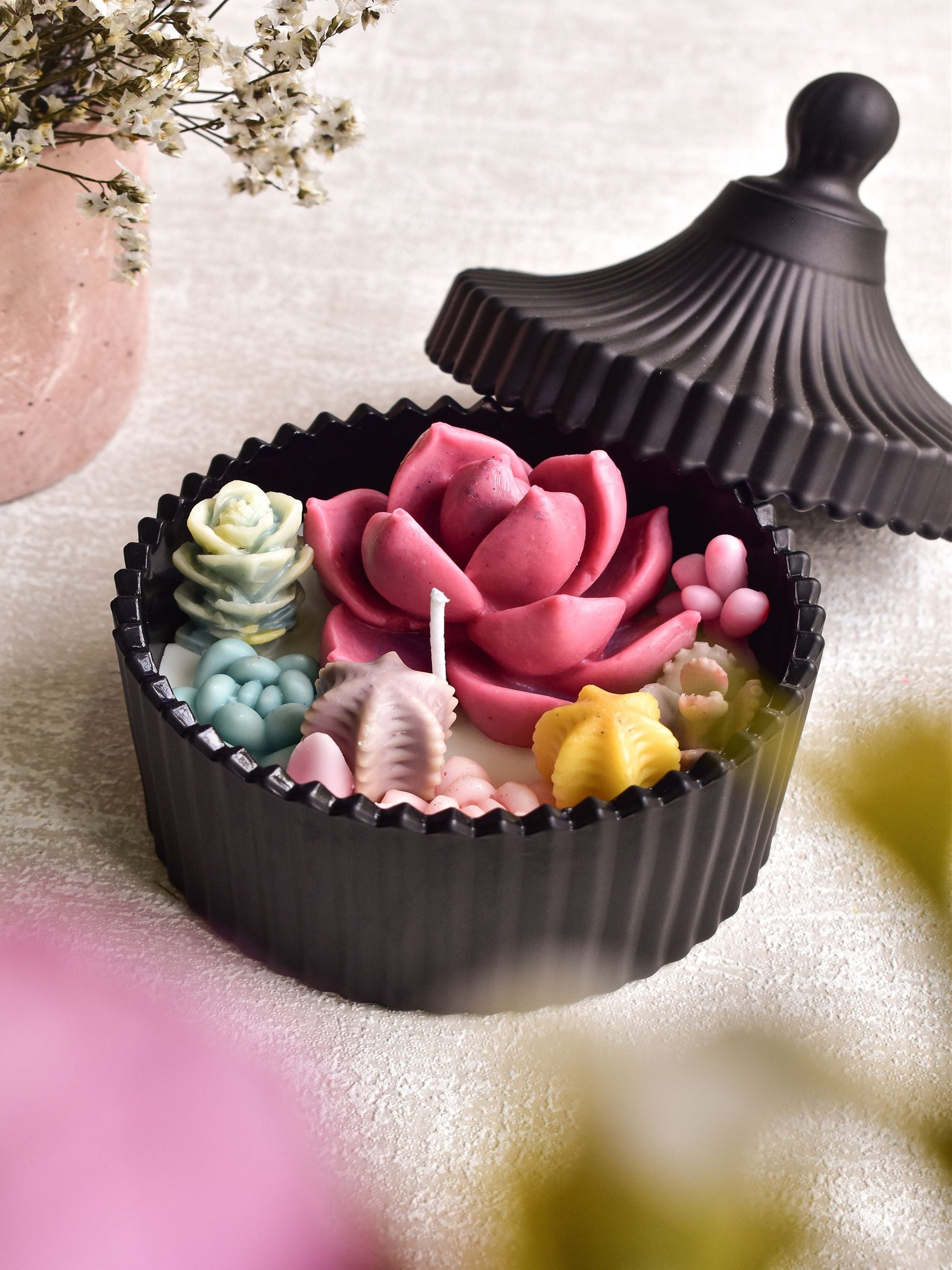 Deep Pink Echeveria Candle In Black Jar