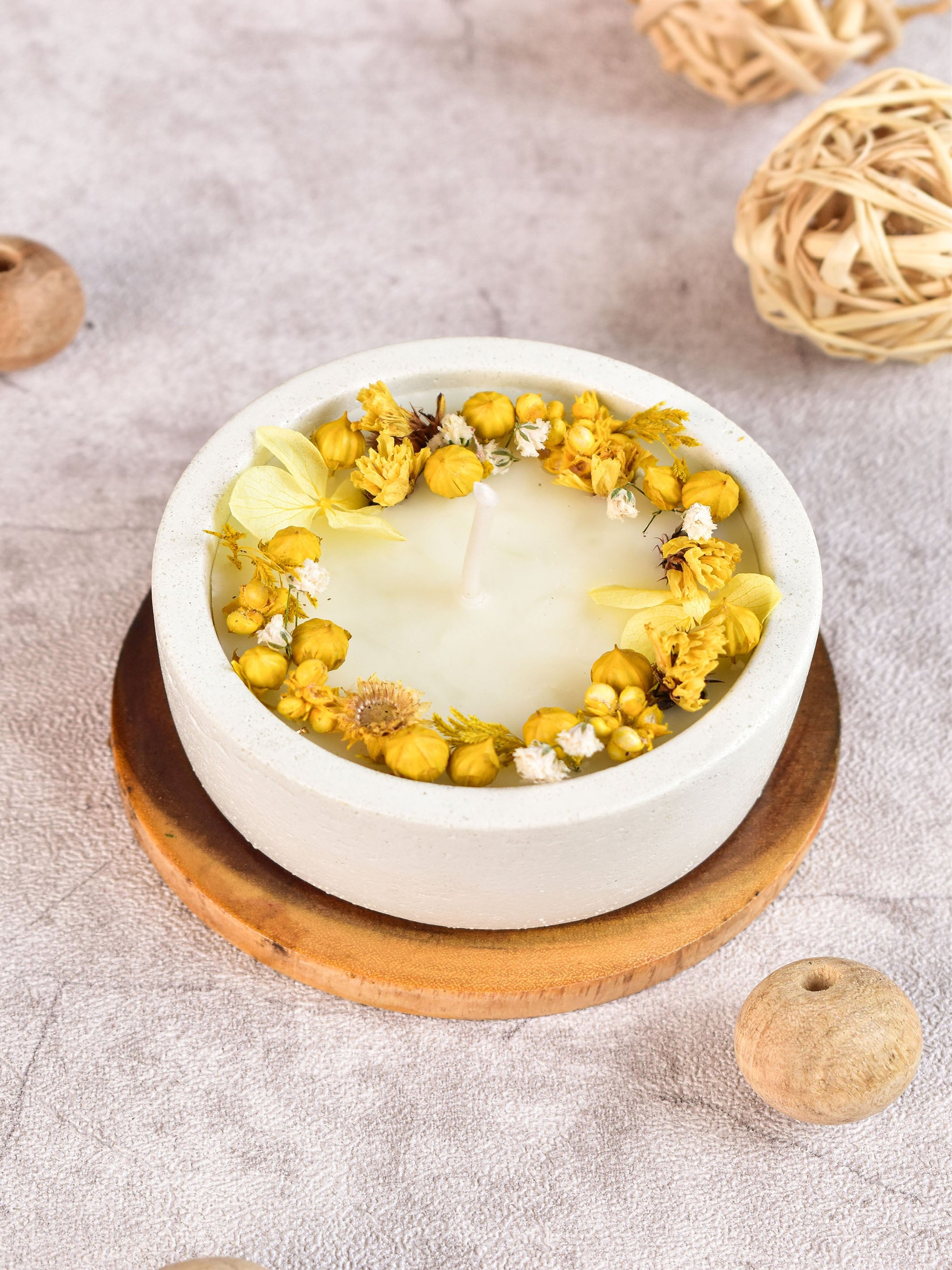 Concrete Jar Candle With Yellow Flowers