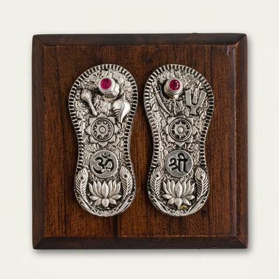 Vishnu Paduka on Wooden Base in Pure Silver Plating