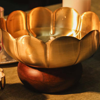 Flower Brass Urli WIth Wood