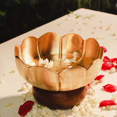 Flower Brass Urli WIth Wood