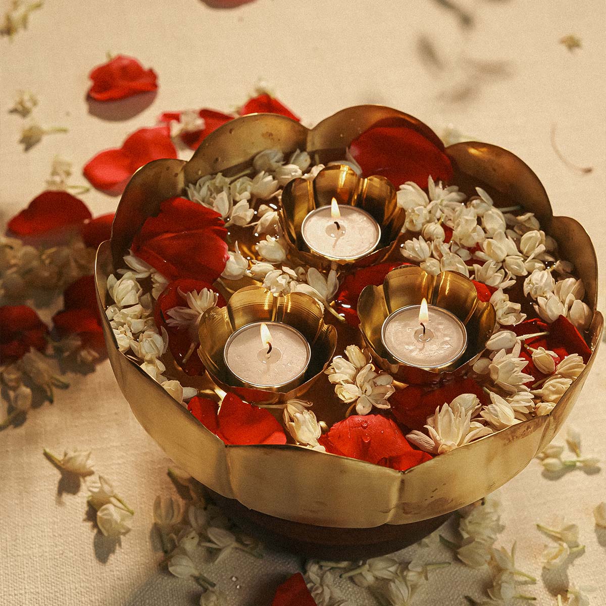 Flower Brass Urli WIth Wood