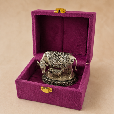 Kamdhenu Cow & Calf Sculpture in Pure Silver Plating