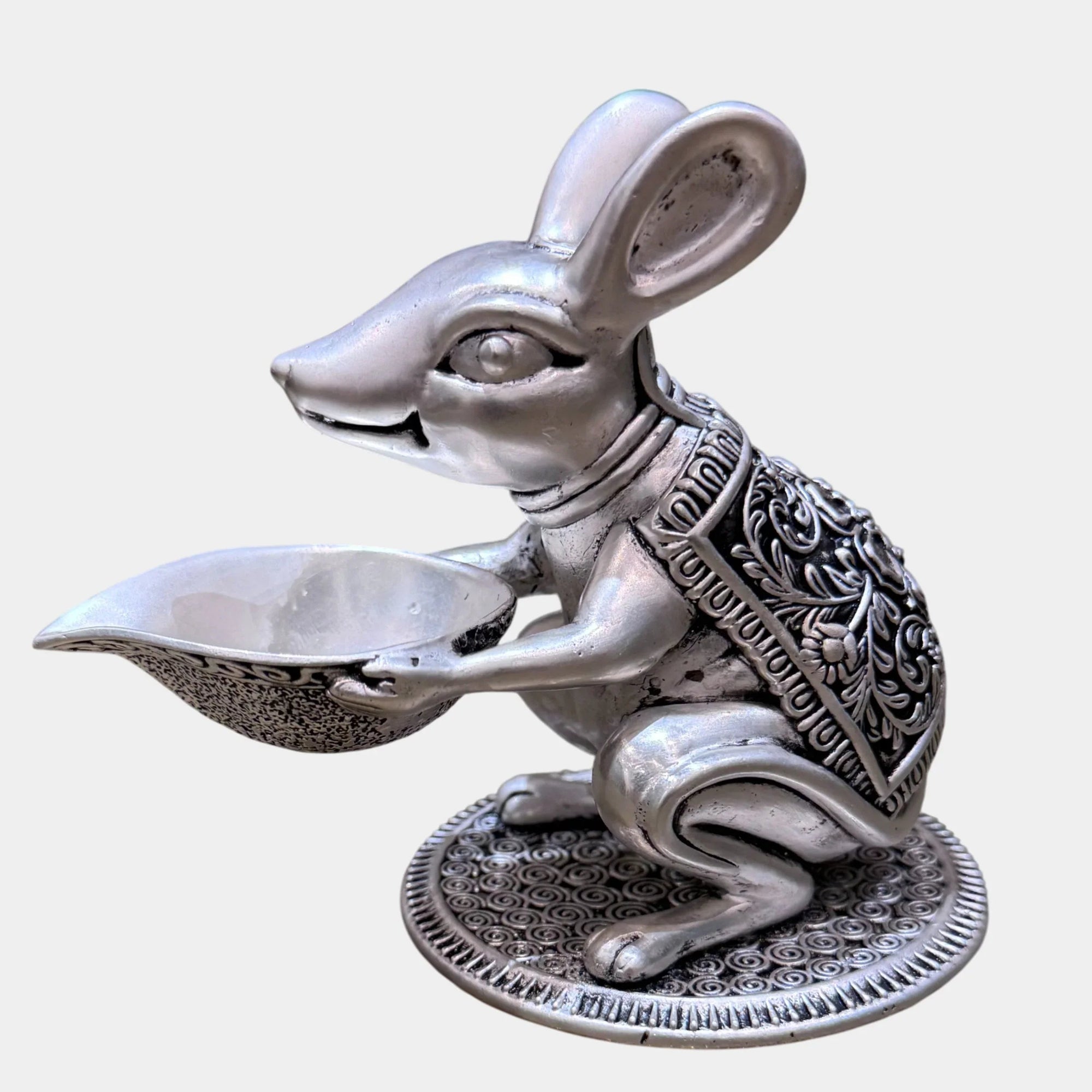Decorative silver mouse holding ornate bowl, detailed Indian design, Sabera homepage product