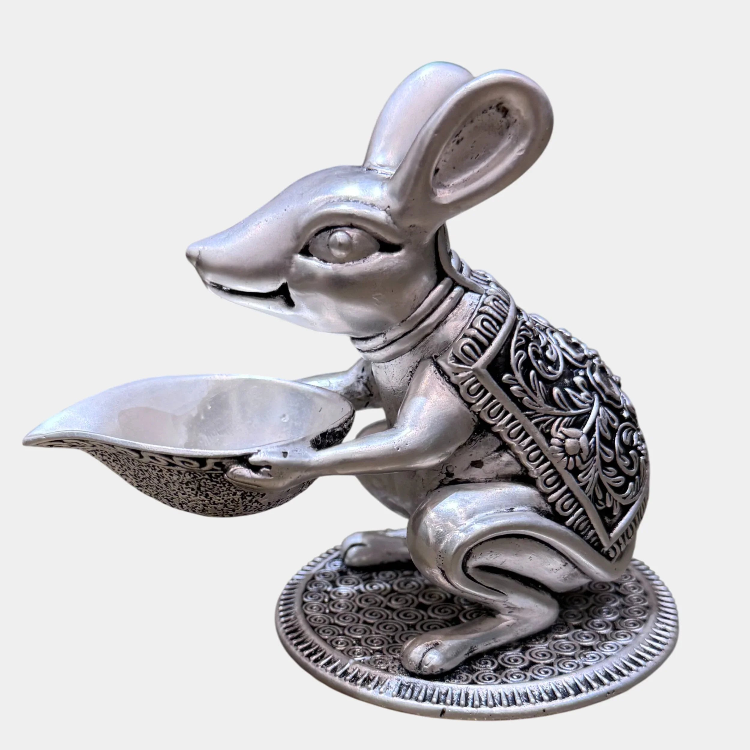 Decorative silver mouse holding ornate bowl, detailed Indian design, Sabera homepage product
