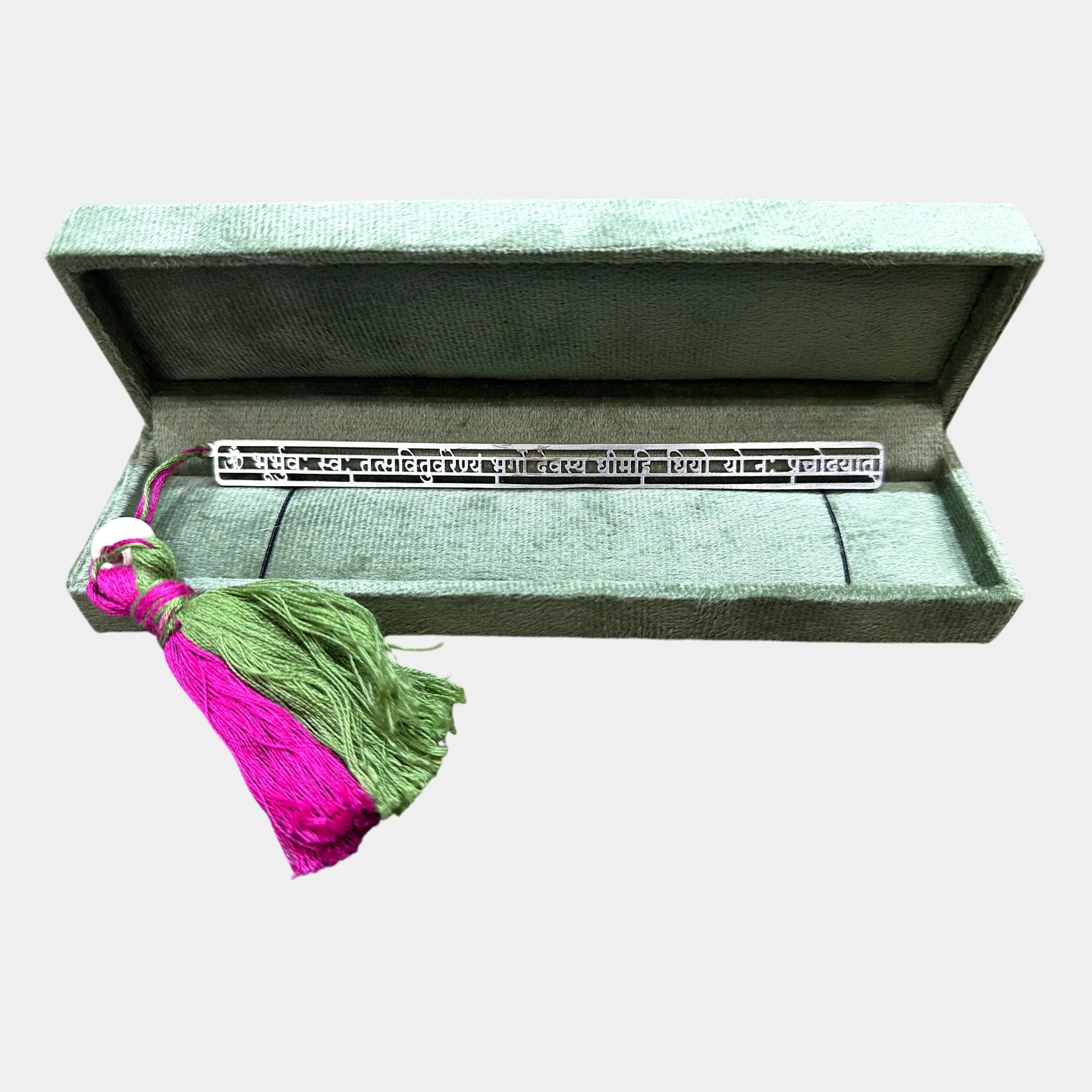 Silver Sanskrit bookmark with green and pink tassel in a light green box, Sabera gift item